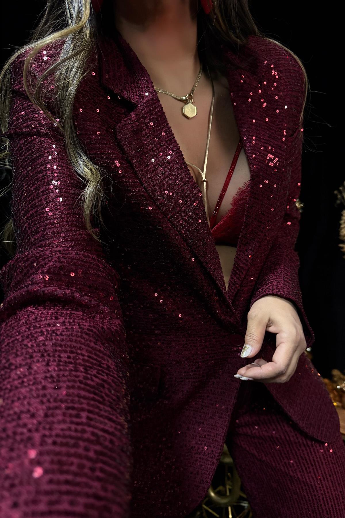 Payetli Blazer Ceket Bordo