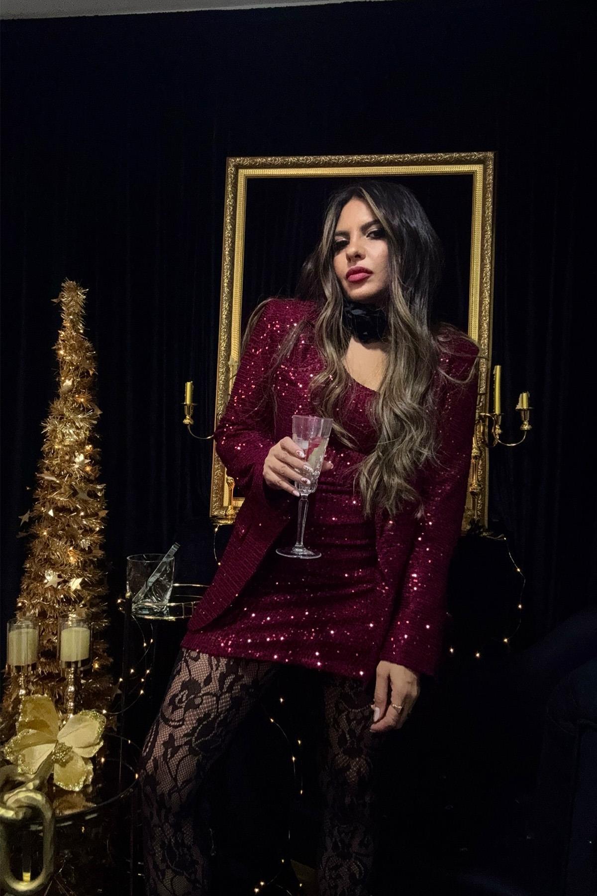 Payetli Blazer Ceket Bordo