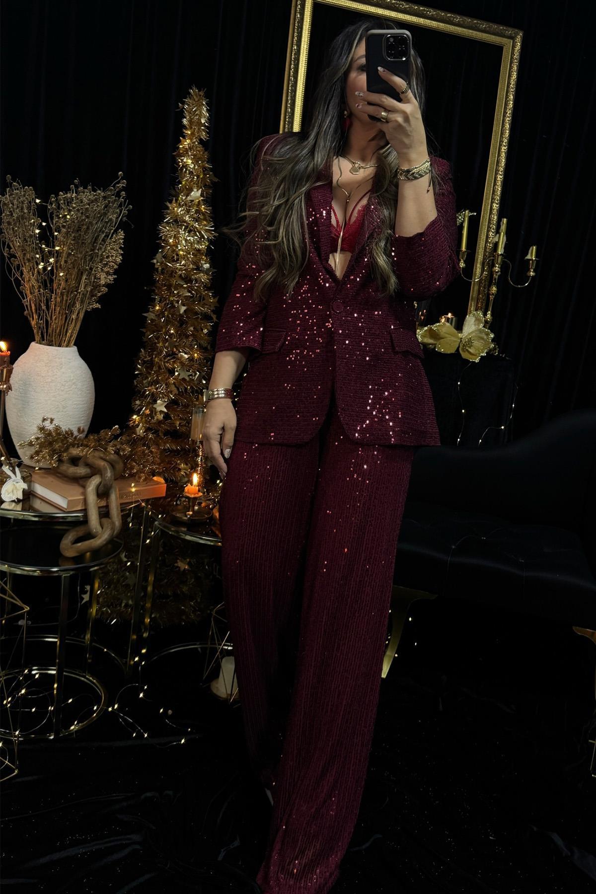 Payetli Blazer Ceket Bordo