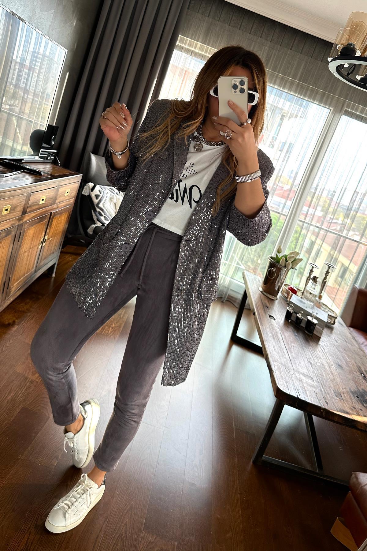 Payetli Blazer Ceket Gri