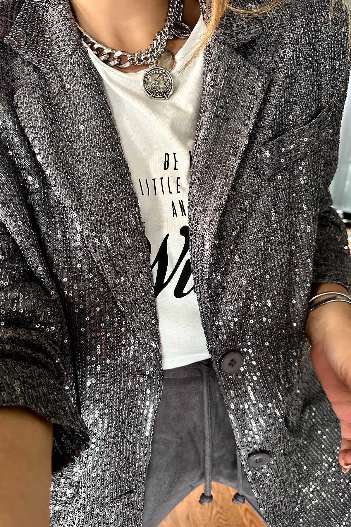 Payetli Blazer Ceket Gri