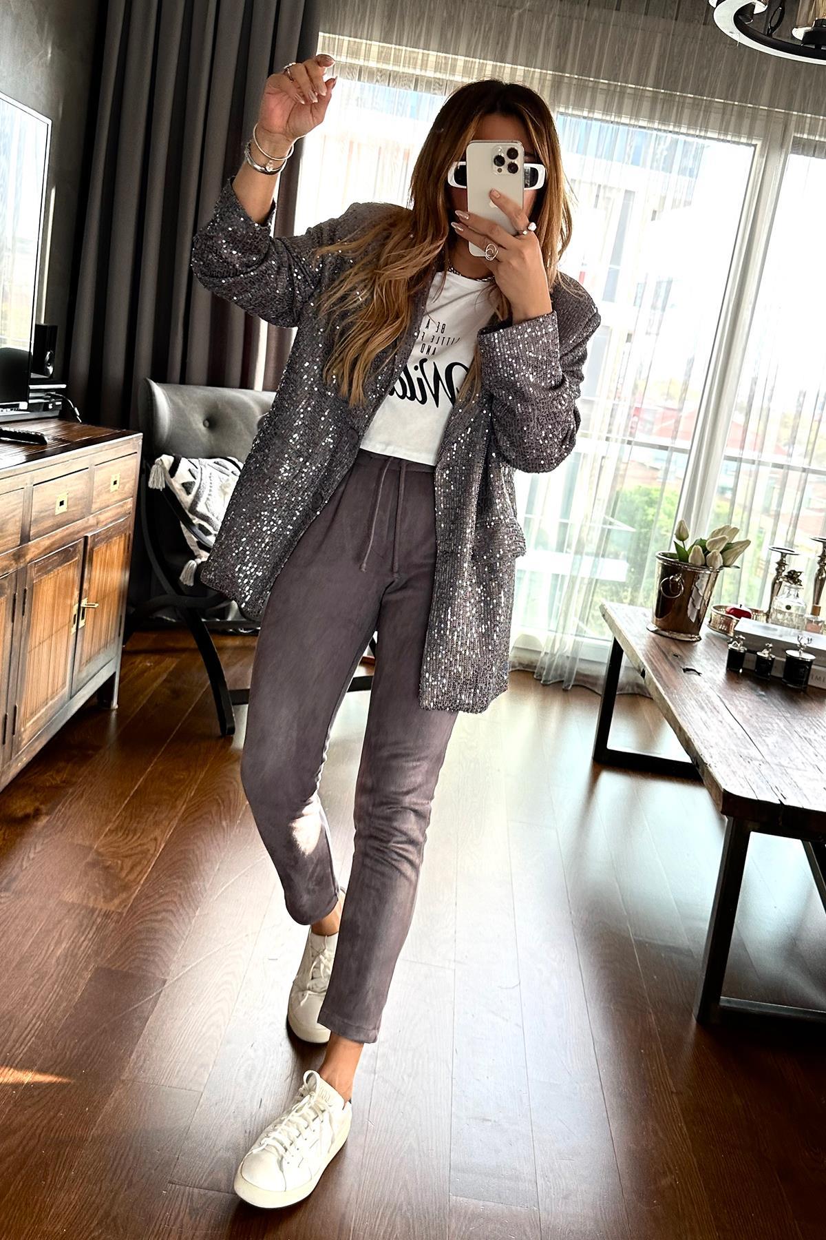 Payetli Blazer Ceket Gri