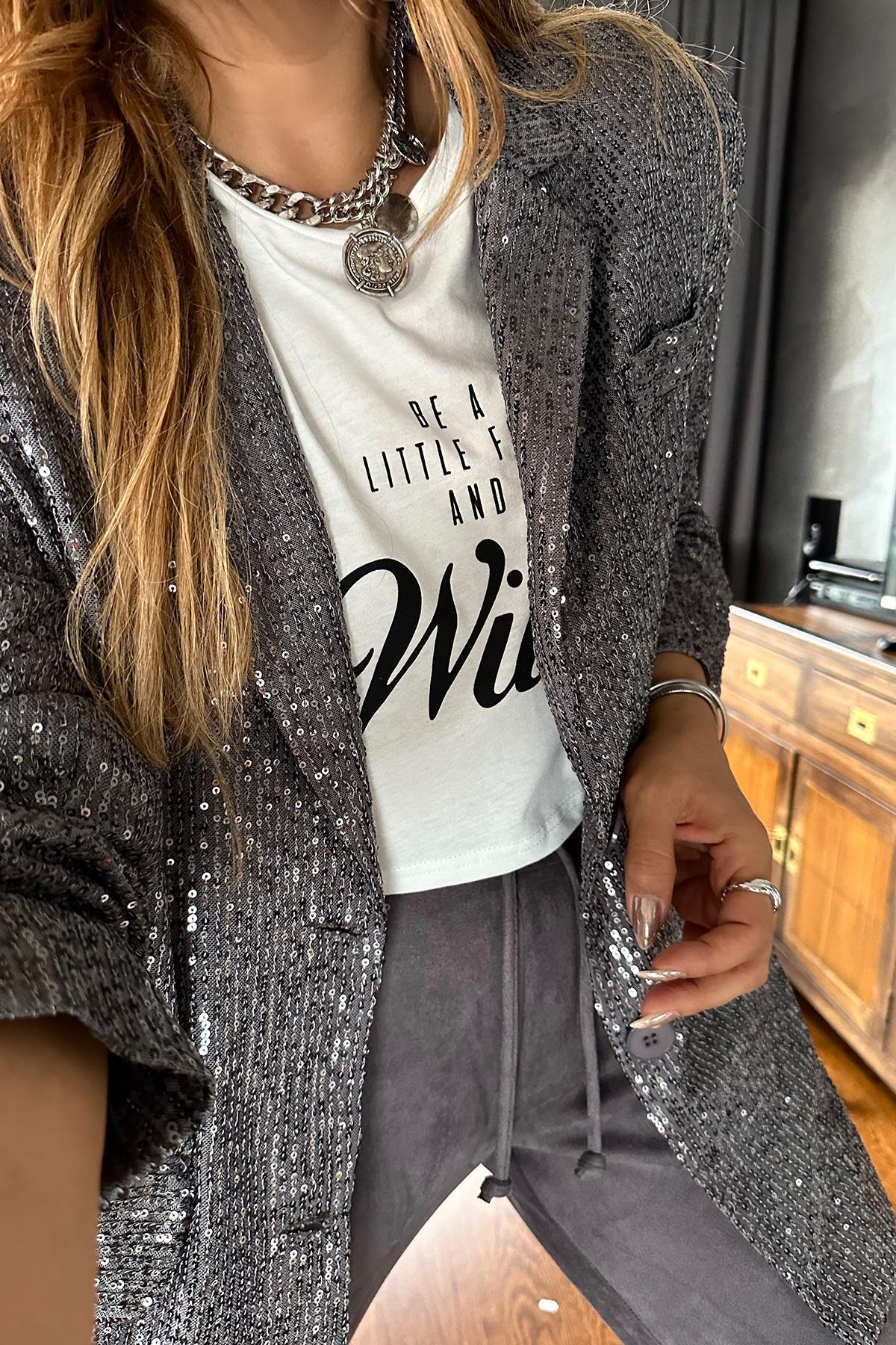 Payetli Blazer Ceket Gri