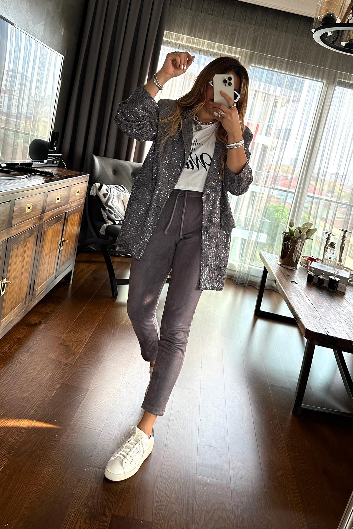 Payetli Blazer Ceket Gri
