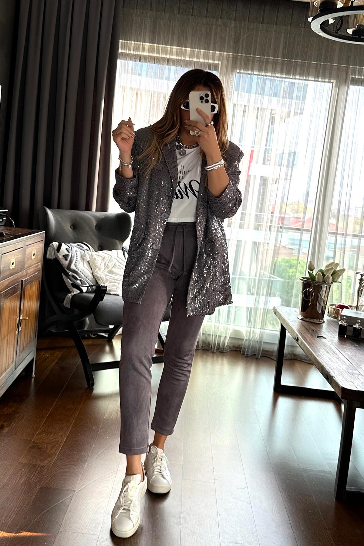 Payetli Blazer Ceket Gri