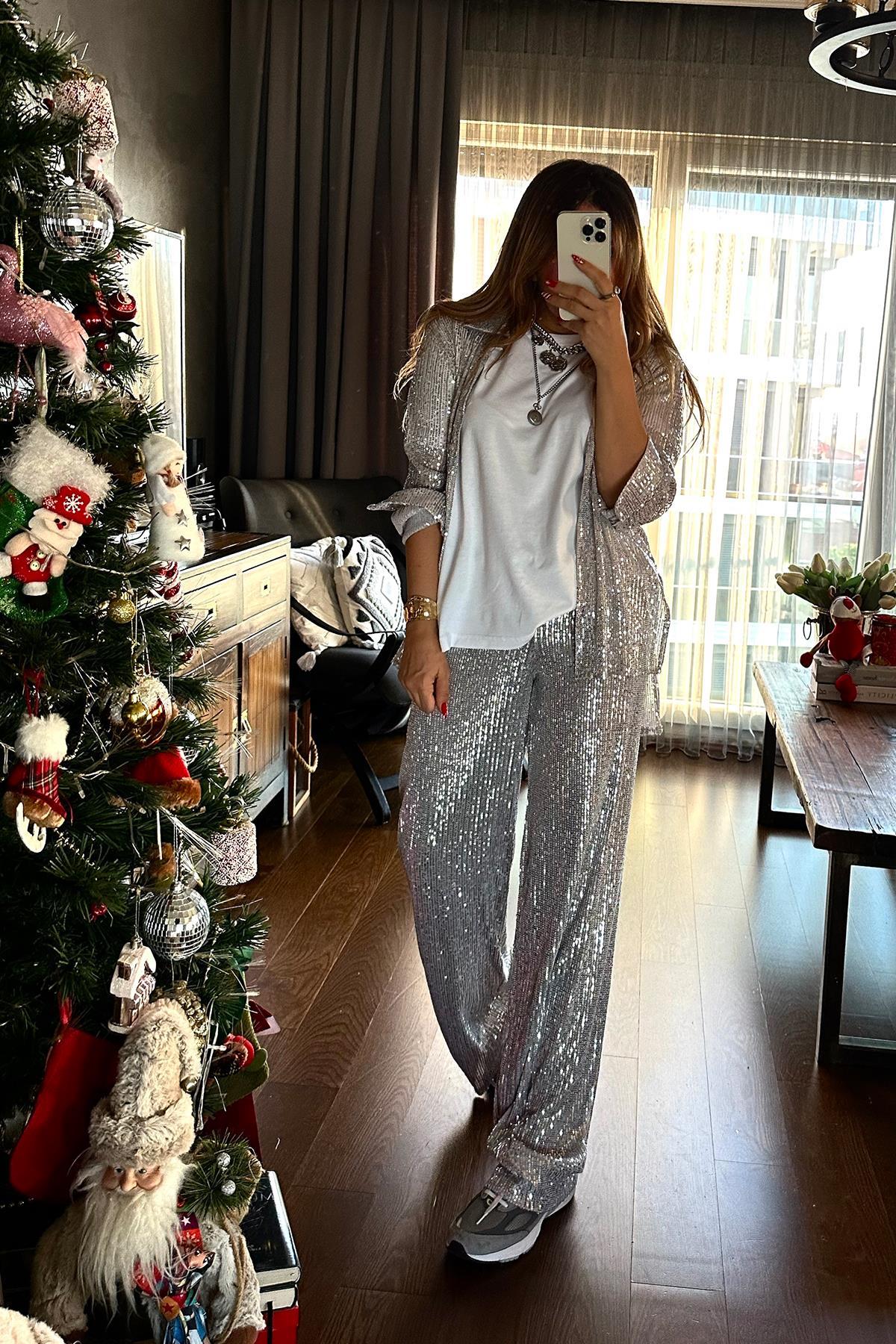 Payetli Bol Paça Pantolon Açık Gri