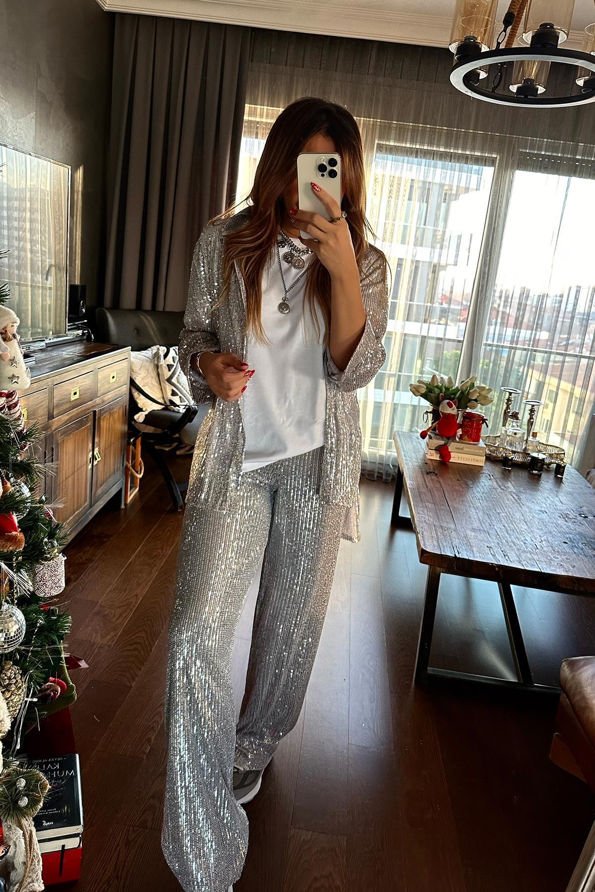 Payetli Bol Paça Pantolon Açık Gri