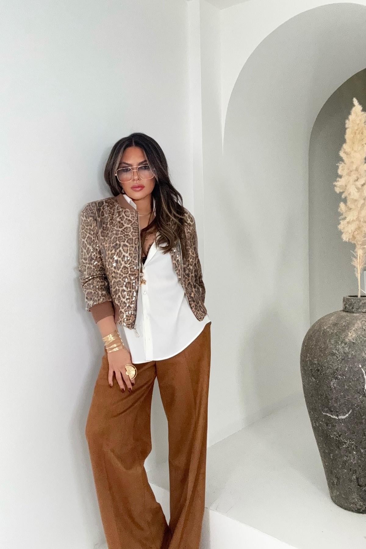 Payetli Leopar Bomber Ceket Taba