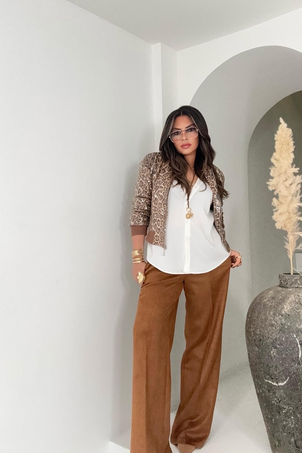 Payetli Leopar Bomber Ceket Taba