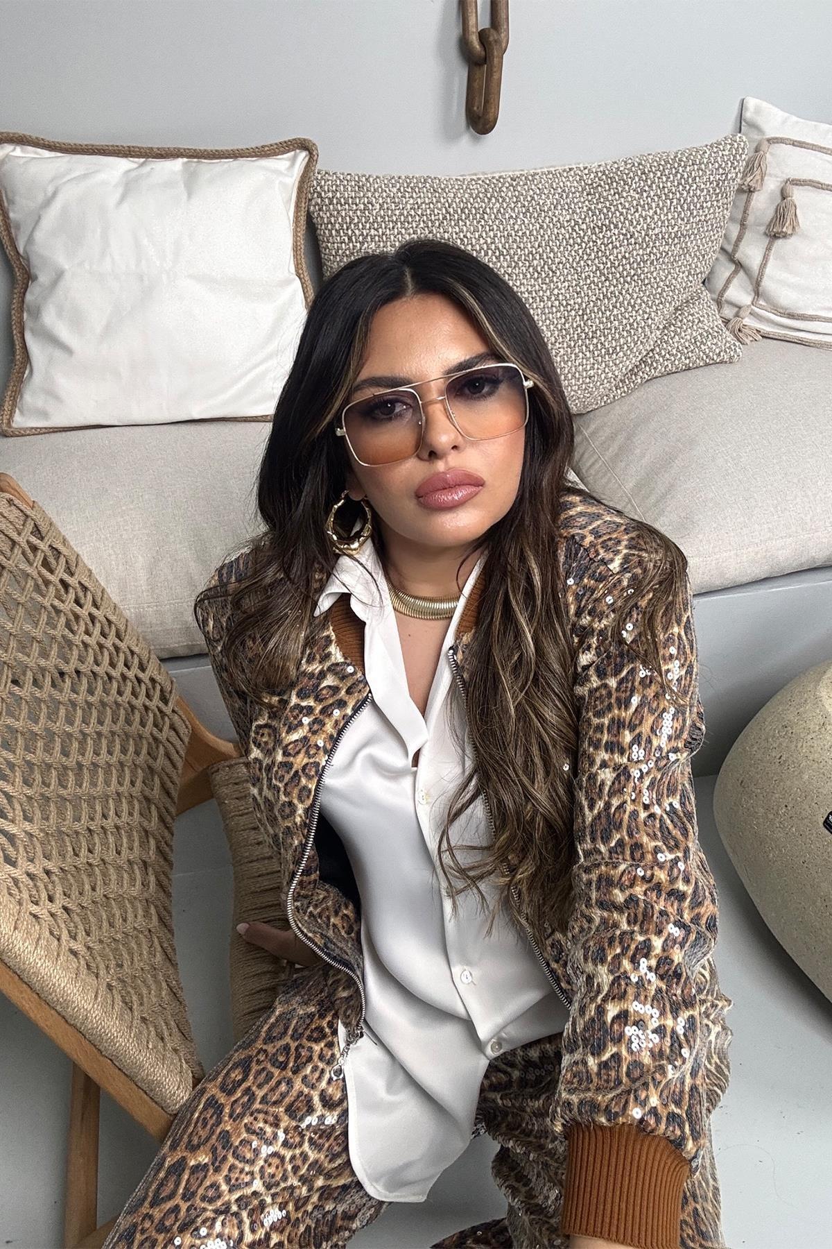 Payetli Leopar Bomber Ceket Taba