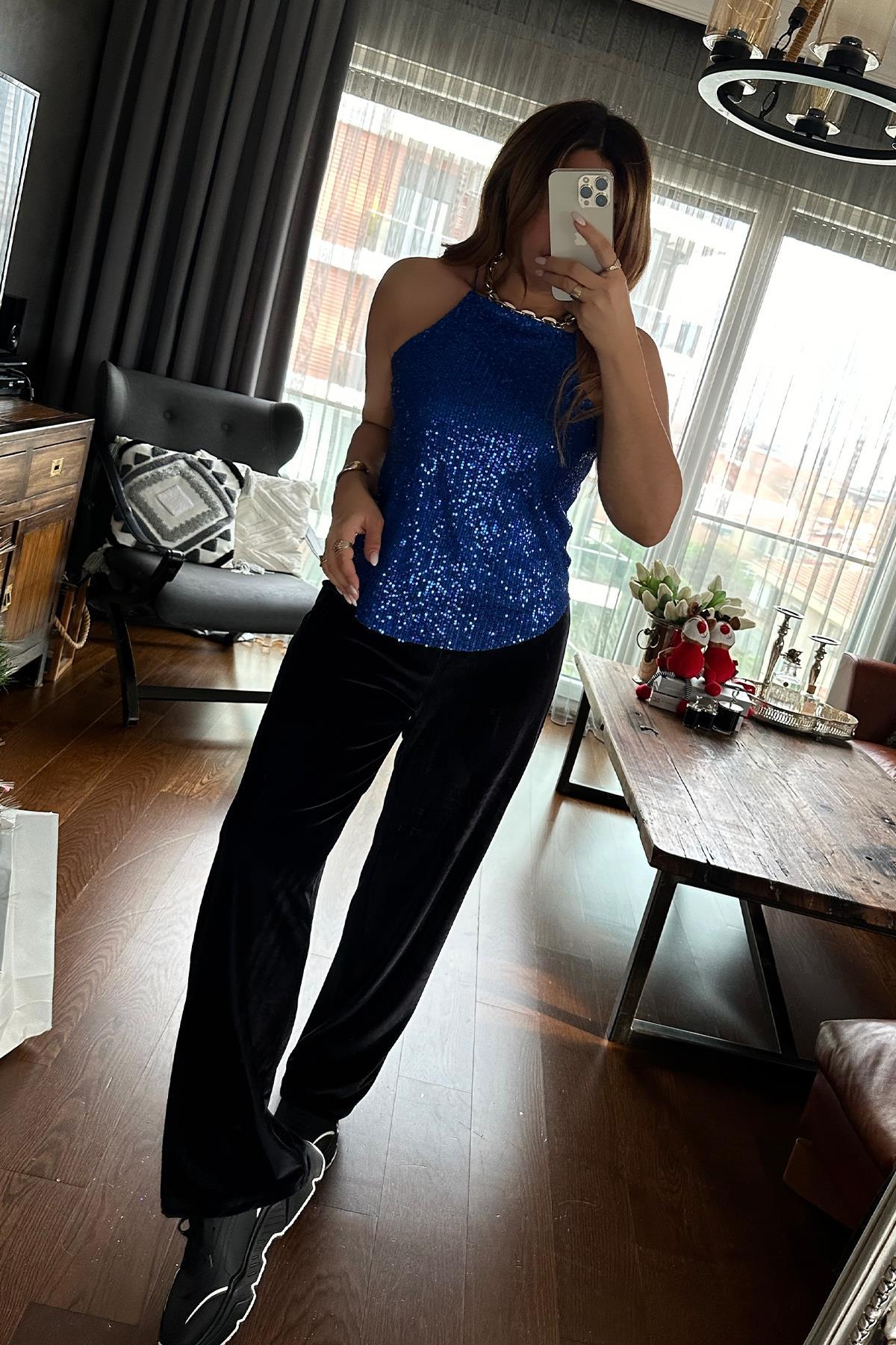 Payetli Reglan Yaka Bluz Saks