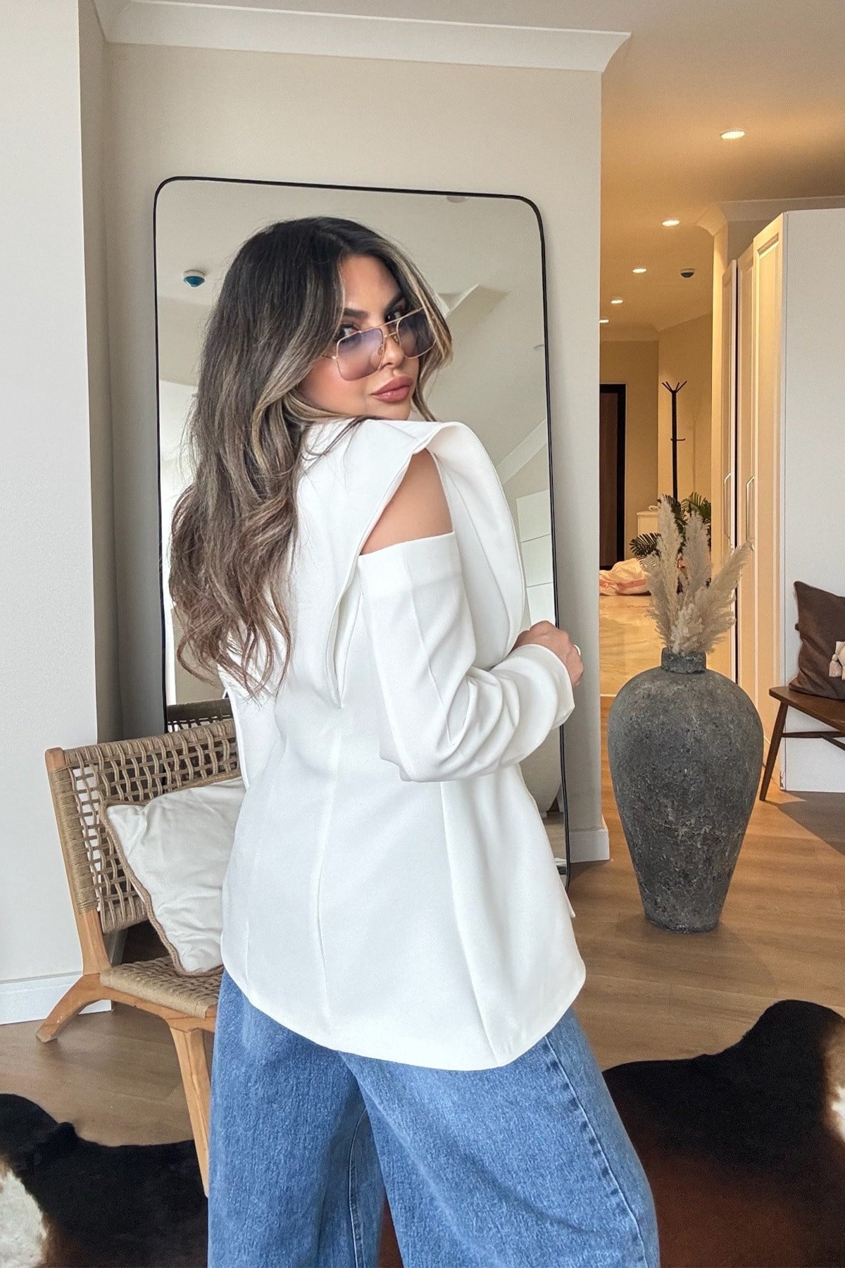 Pencereli Omuz Detay Blazer Ceket Ekru