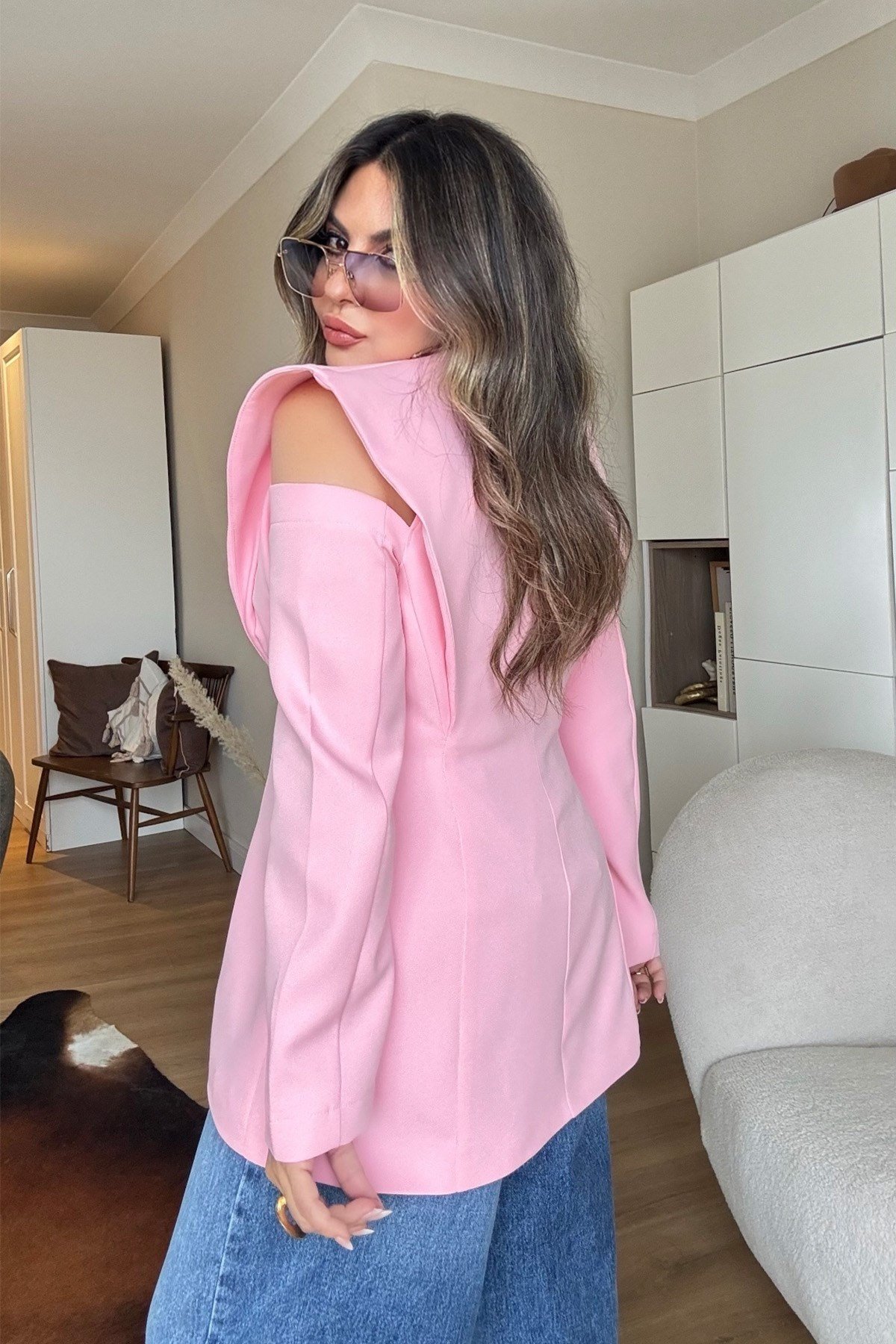 Pencereli Omuz Detay Blazer Ceket şeker pembe