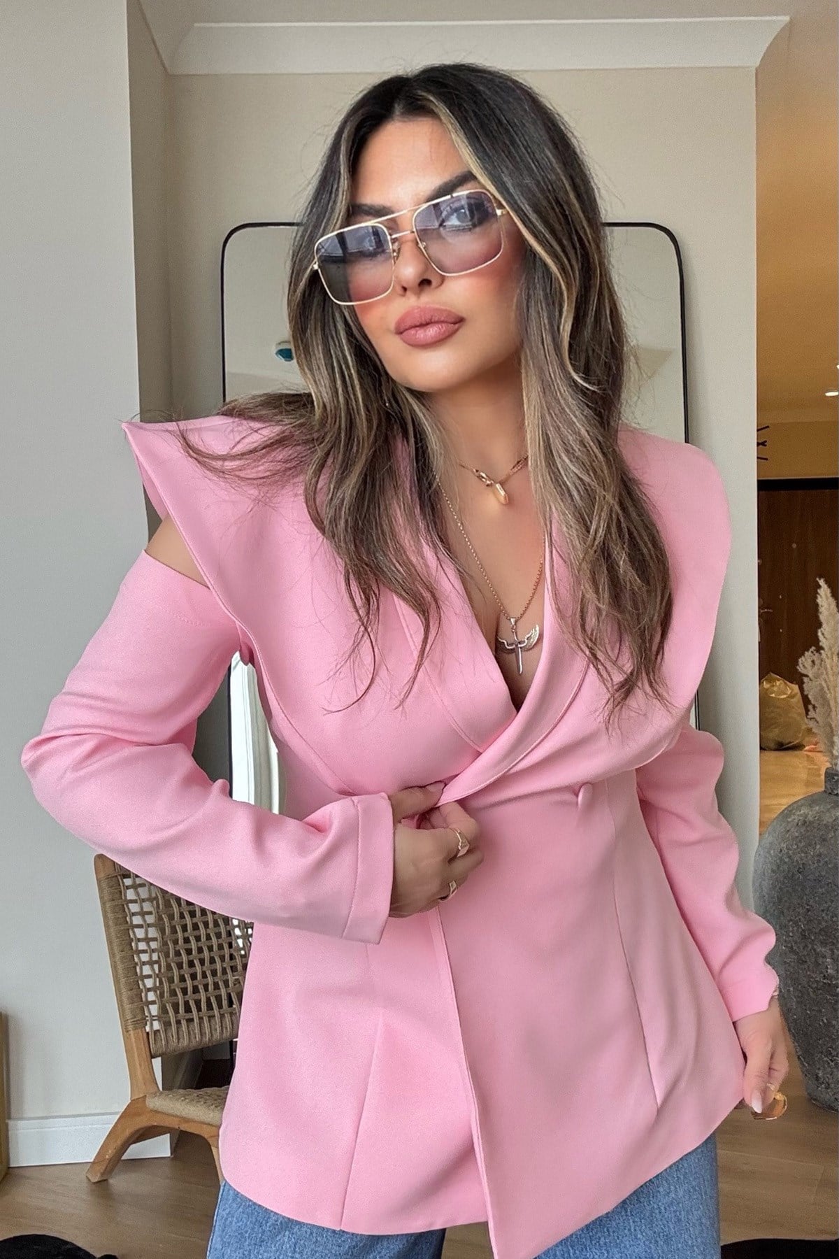 Pencereli Omuz Detay Blazer Ceket şeker pembe