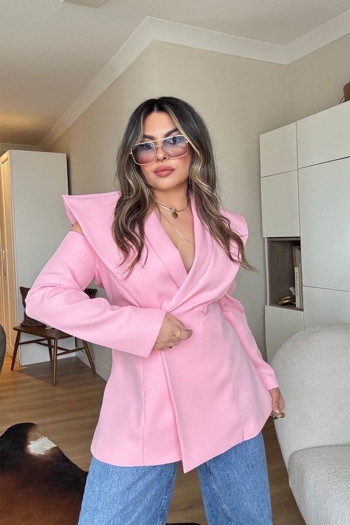 Pencereli Omuz Detay Blazer Ceket şeker pembe