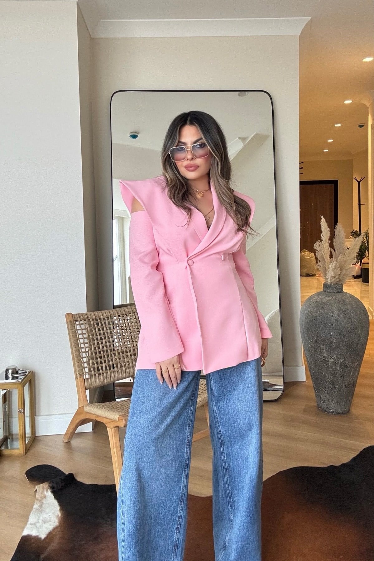 Pencereli Omuz Detay Blazer Ceket şeker pembe