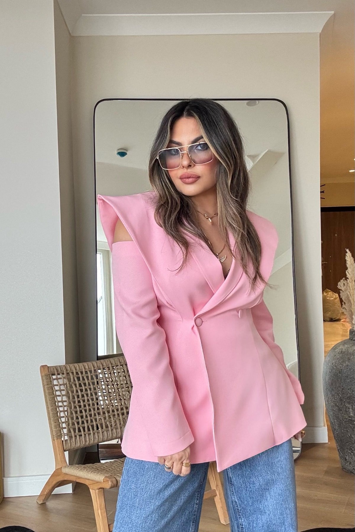 Pencereli Omuz Detay Blazer Ceket şeker pembe