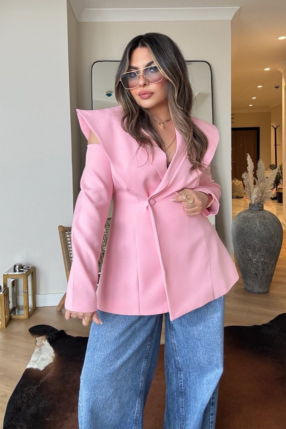 Pencereli Omuz Detay Blazer Ceket şeker pembe