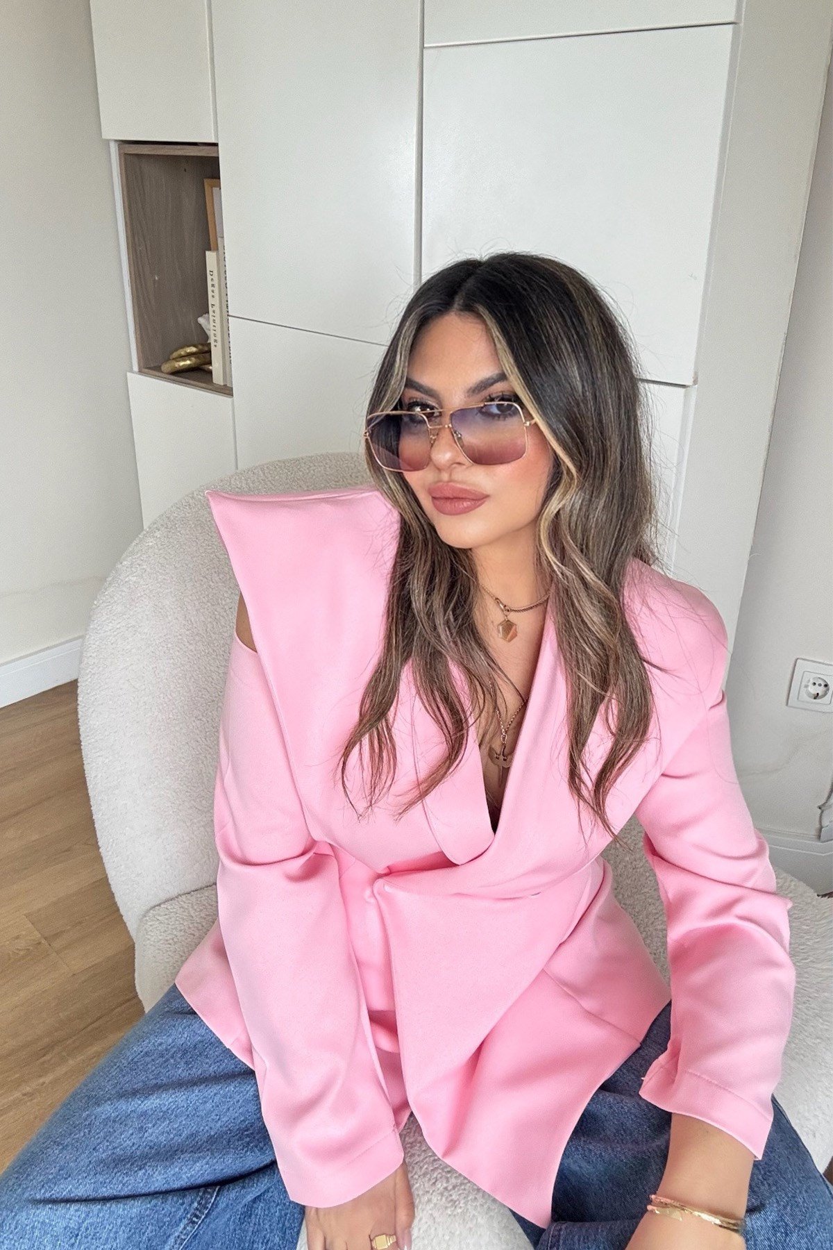 Pencereli Omuz Detay Blazer Ceket şeker pembe