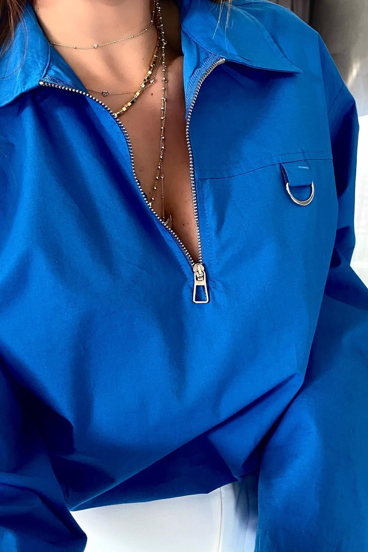 Poplin Bel Lastikli Crop Saks