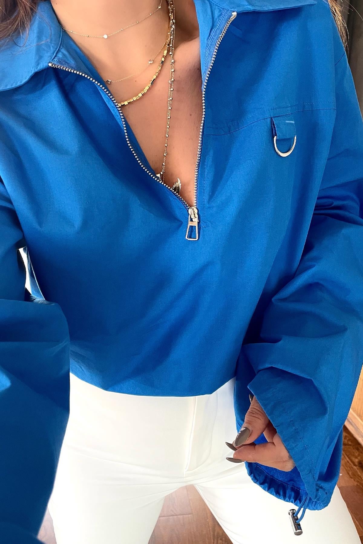 Poplin Bel Lastikli Crop Saks
