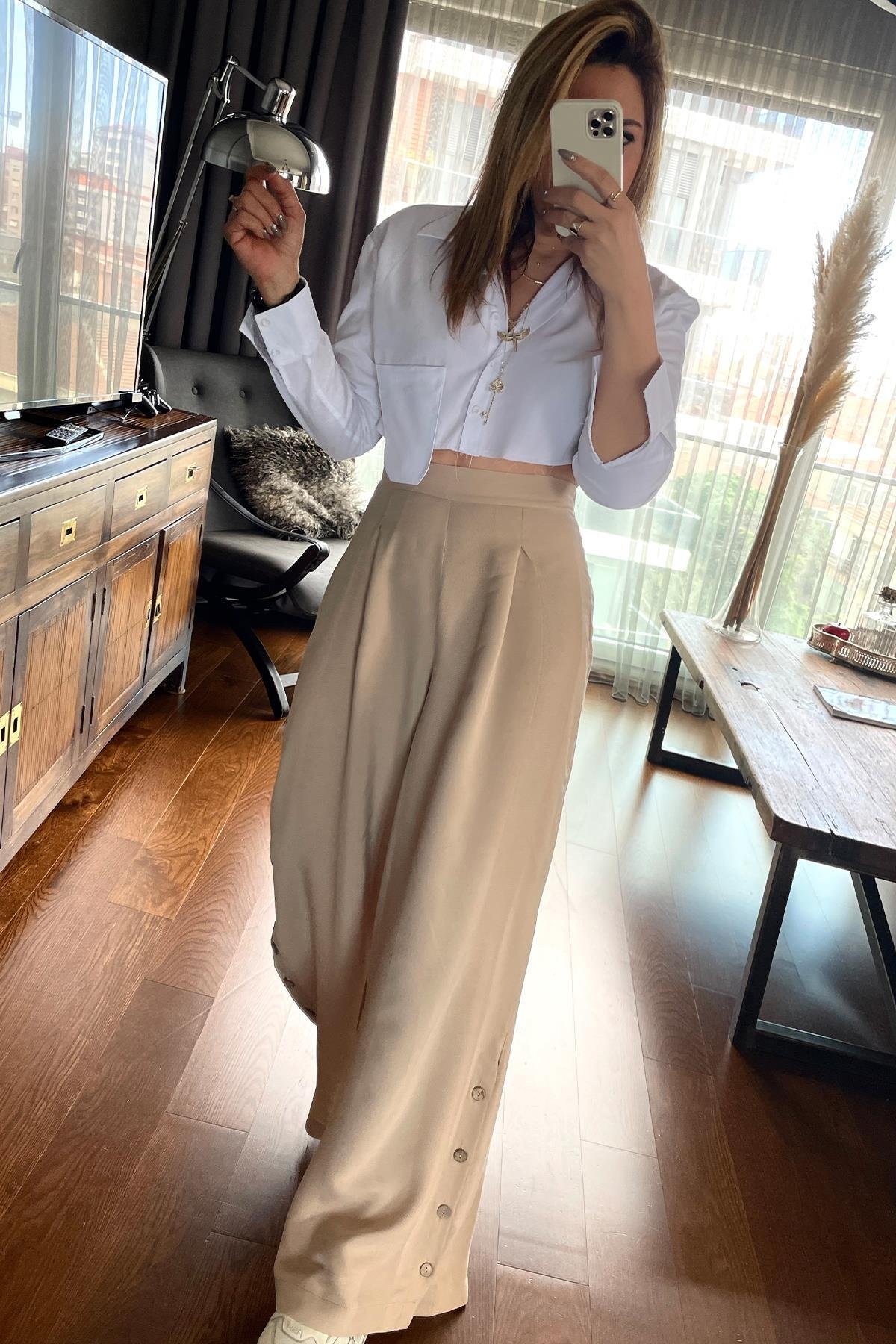 Poplin Cepli Crop Gömlek Beyaz