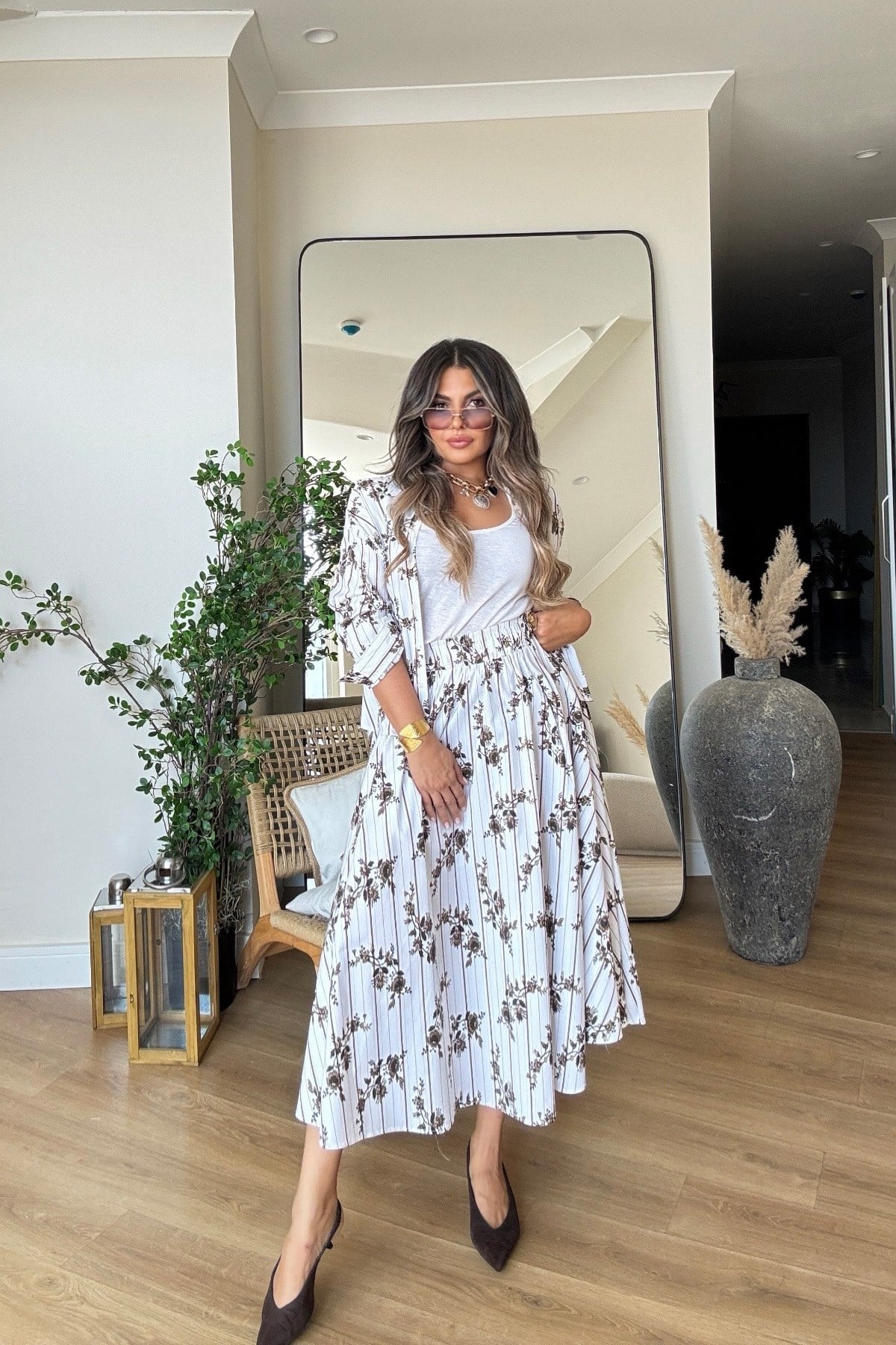 Poplin Çizgili Ve Çiçekli Etek Takım Kahve-Beyaz