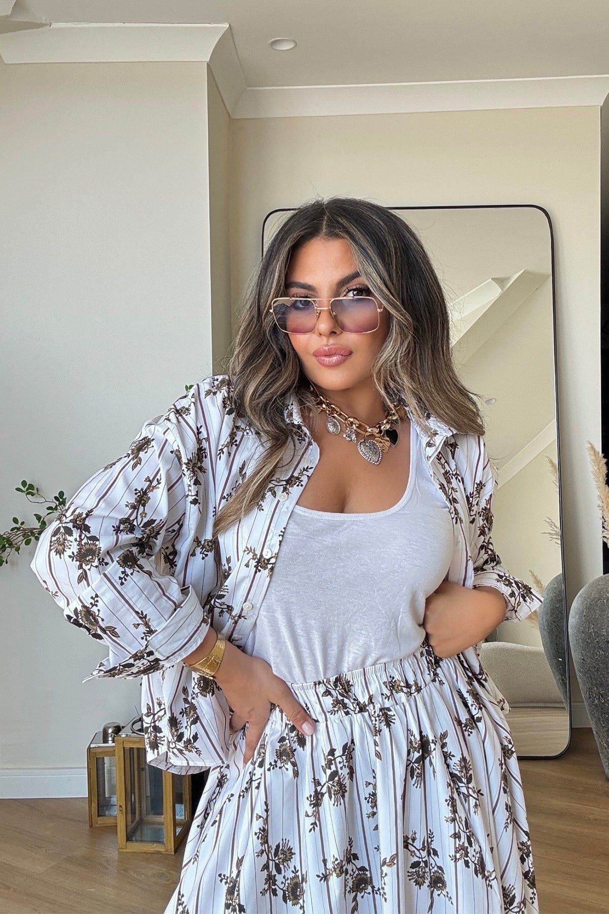 Poplin Çizgili Ve Çiçekli Etek Takım Kahve-Beyaz