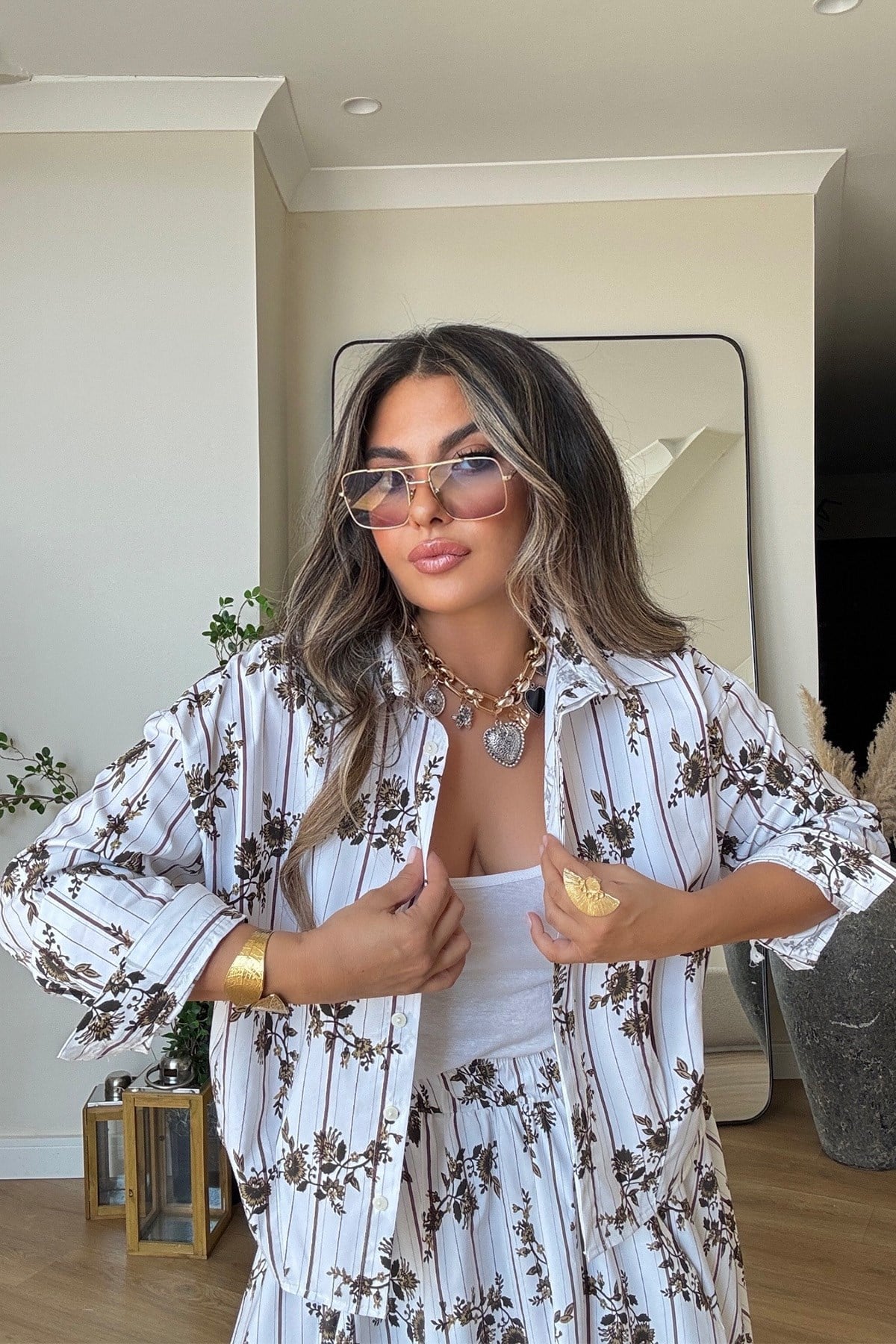 Poplin Çizgili Ve Çiçekli Etek Takım Kahve-Beyaz
