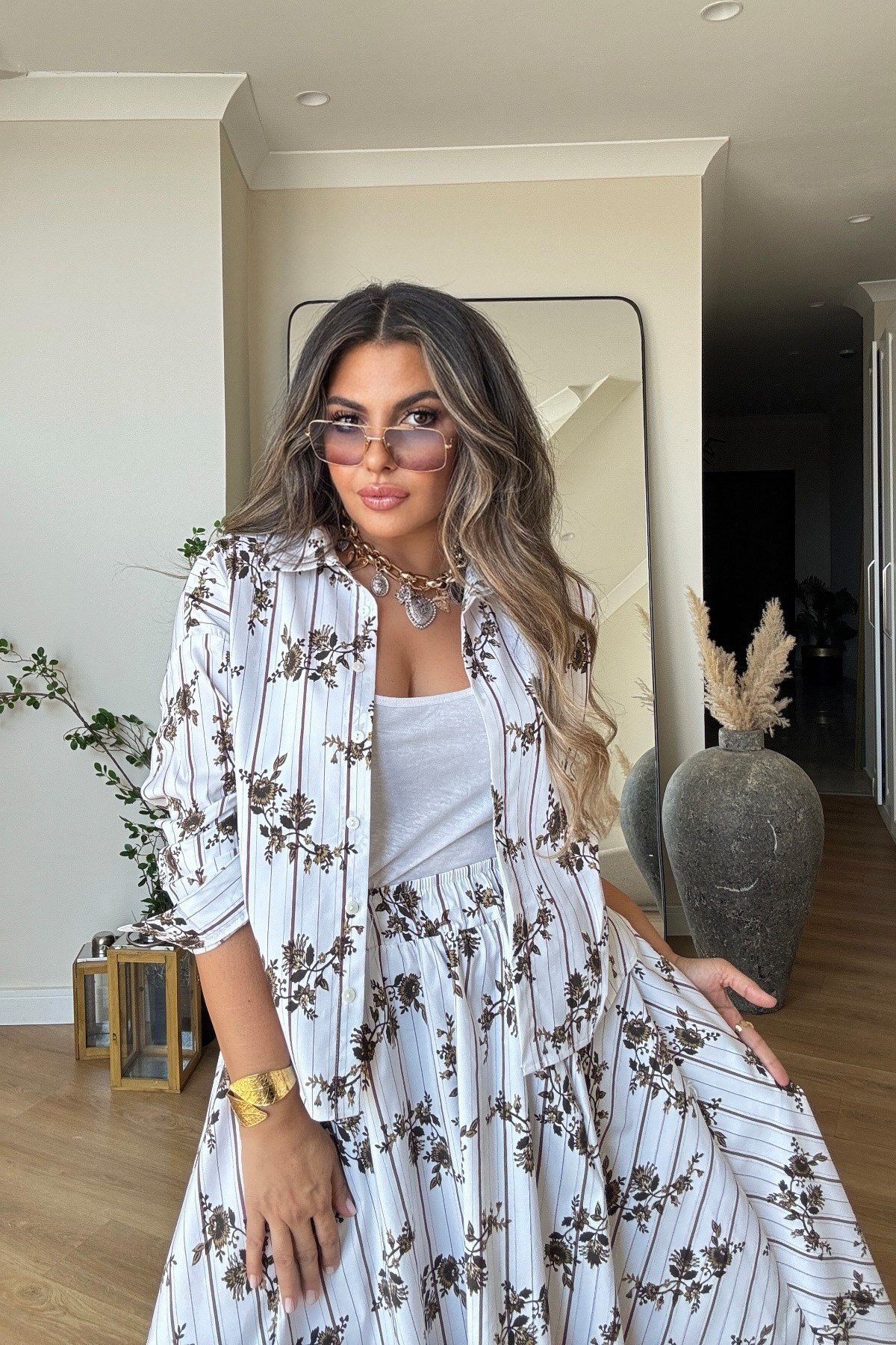 Poplin Çizgili Ve Çiçekli Etek Takım Kahve-Beyaz