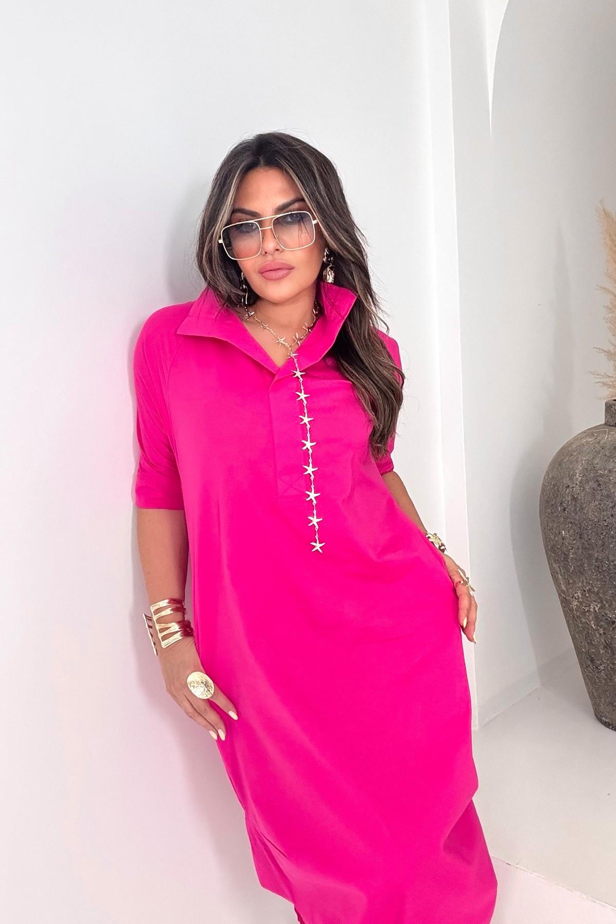 Poplin Dik Yaka V Dekolte Elbise Fuşya