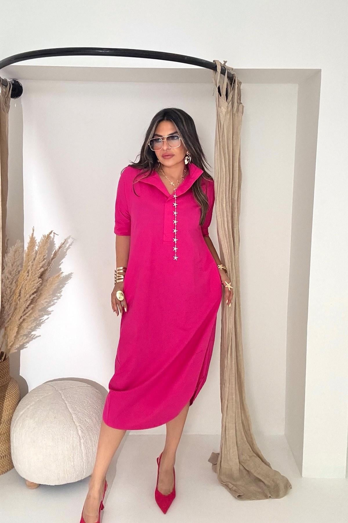 Poplin Dik Yaka V Dekolte Elbise Fuşya