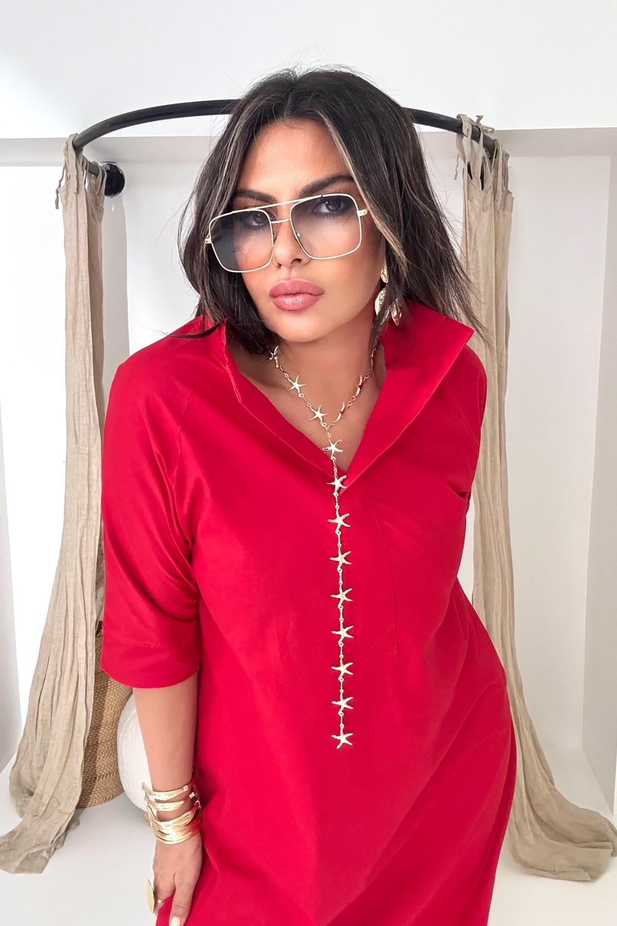 Poplin Dik Yaka V Dekolte Elbise Kırmızı