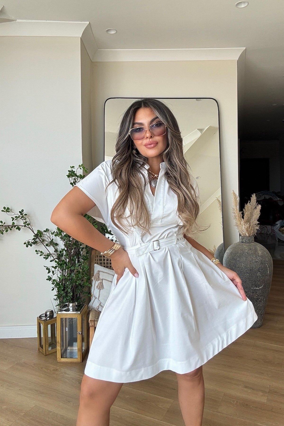 Poplin Kemerli Mini Elbise Ekru