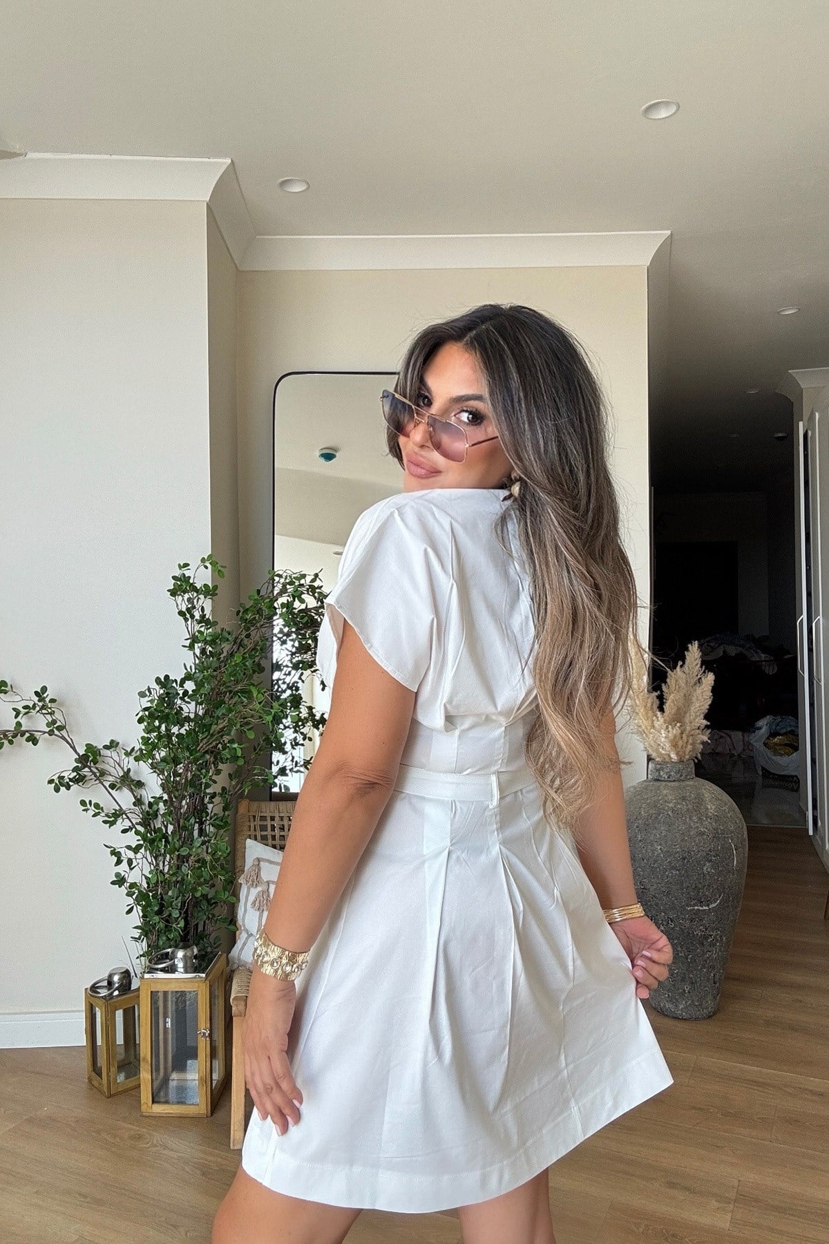 Poplin Kemerli Mini Elbise Ekru