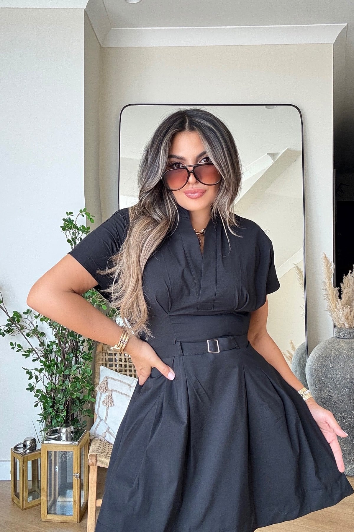 Poplin Kemerli Mini Elbise Siyah
