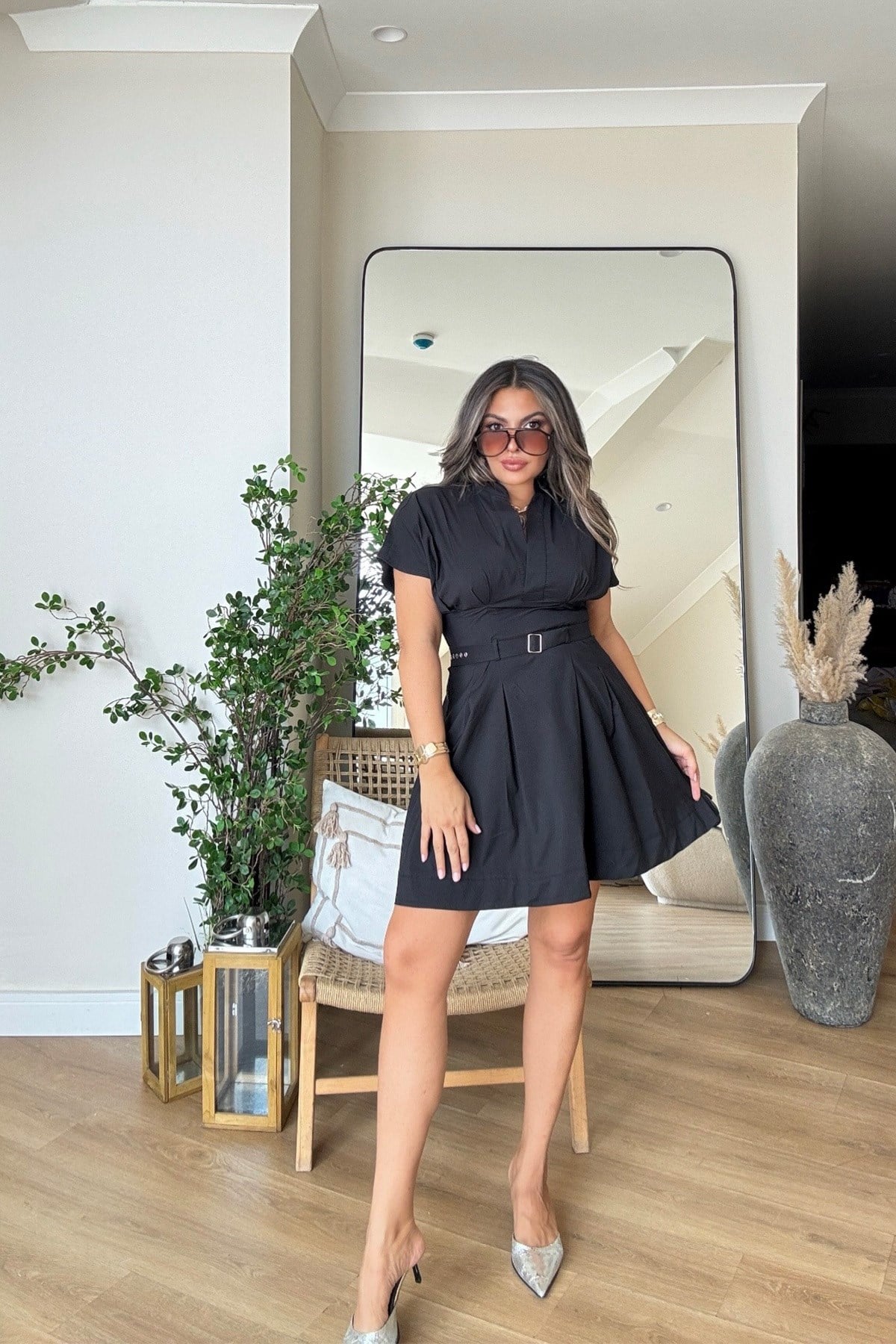 Poplin Kemerli Mini Elbise Siyah