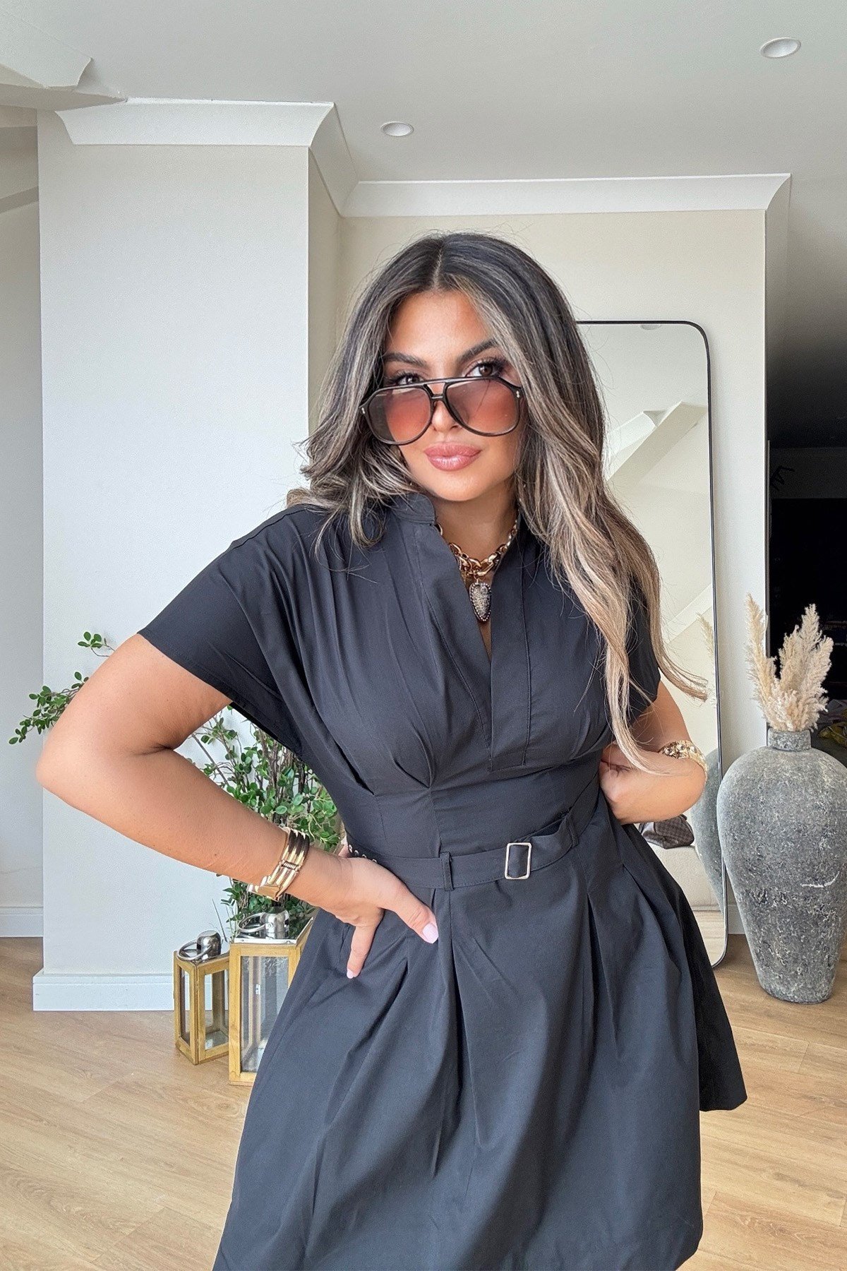 Poplin Kemerli Mini Elbise Siyah
