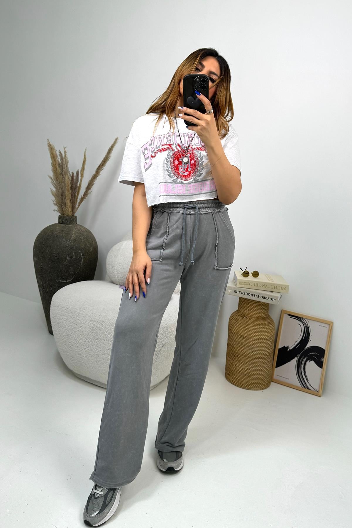 Providence Crop Tshirt Gri-Pembe