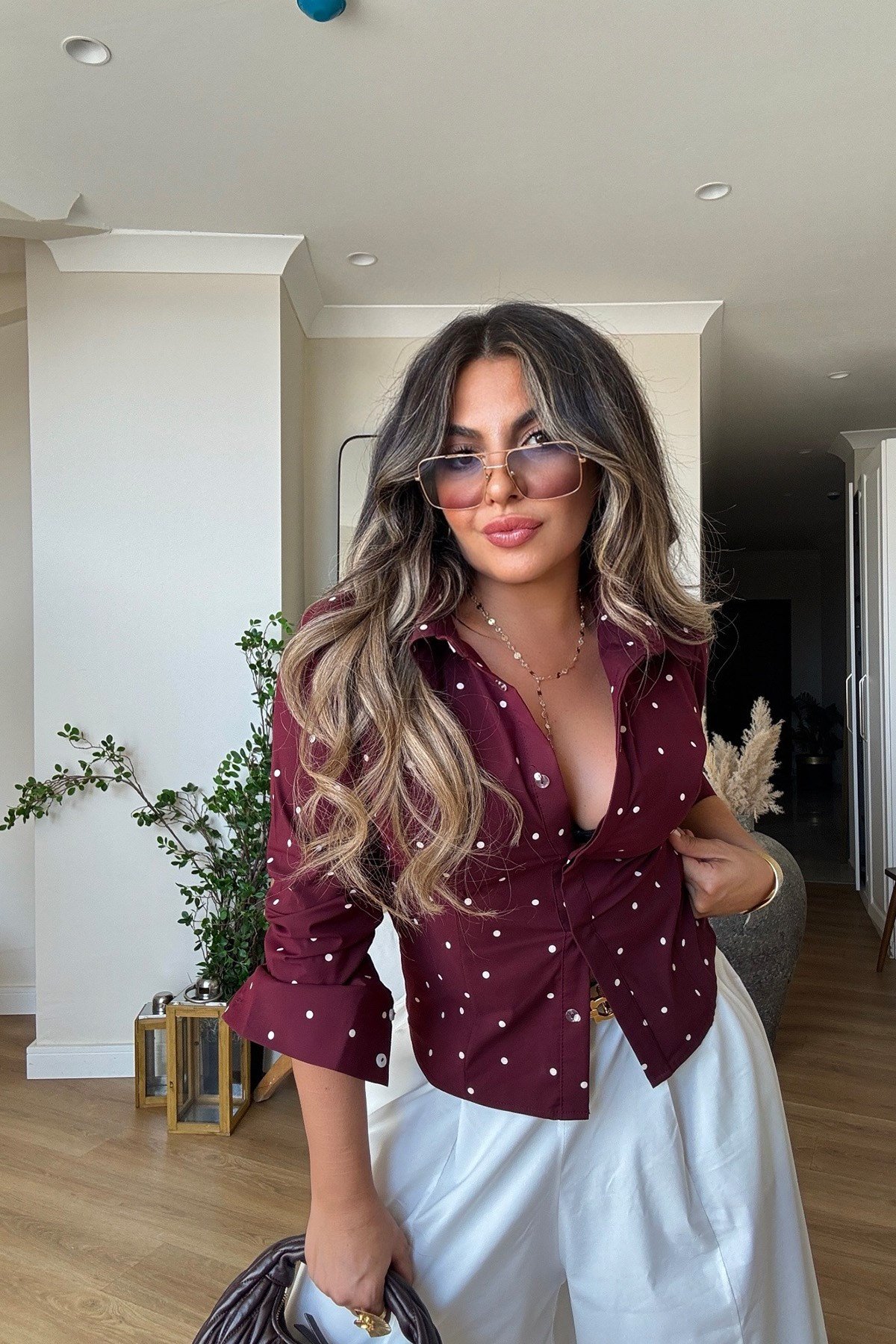 Puantiyeli Poplin Likralı Gömlek Bordo