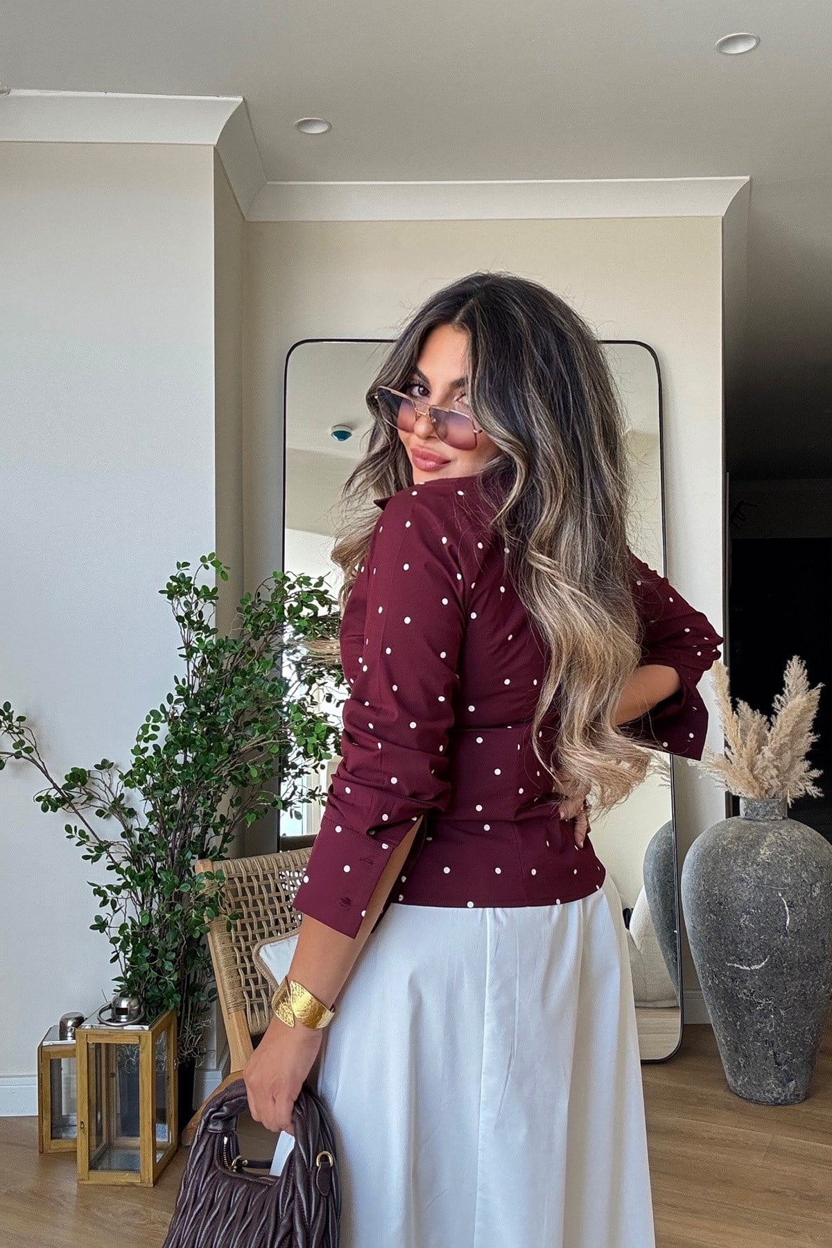 Puantiyeli Poplin Likralı Gömlek Bordo