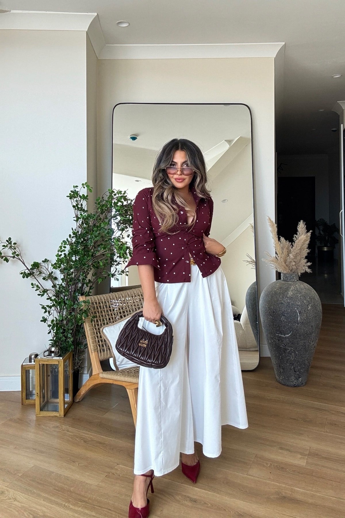 Puantiyeli Poplin Likralı Gömlek Bordo
