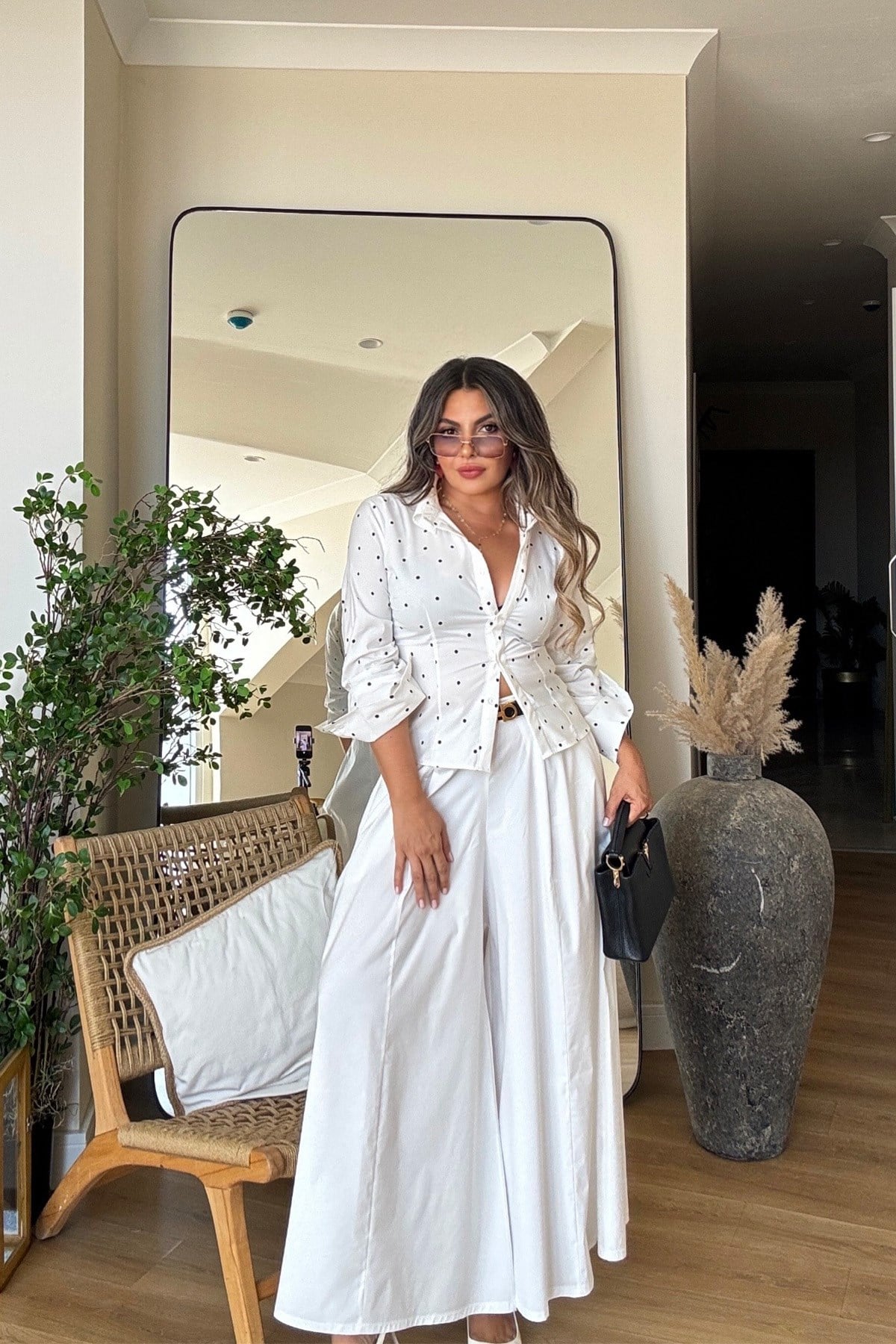 Puantiyeli Poplin Likralı Gömlek Ekru
