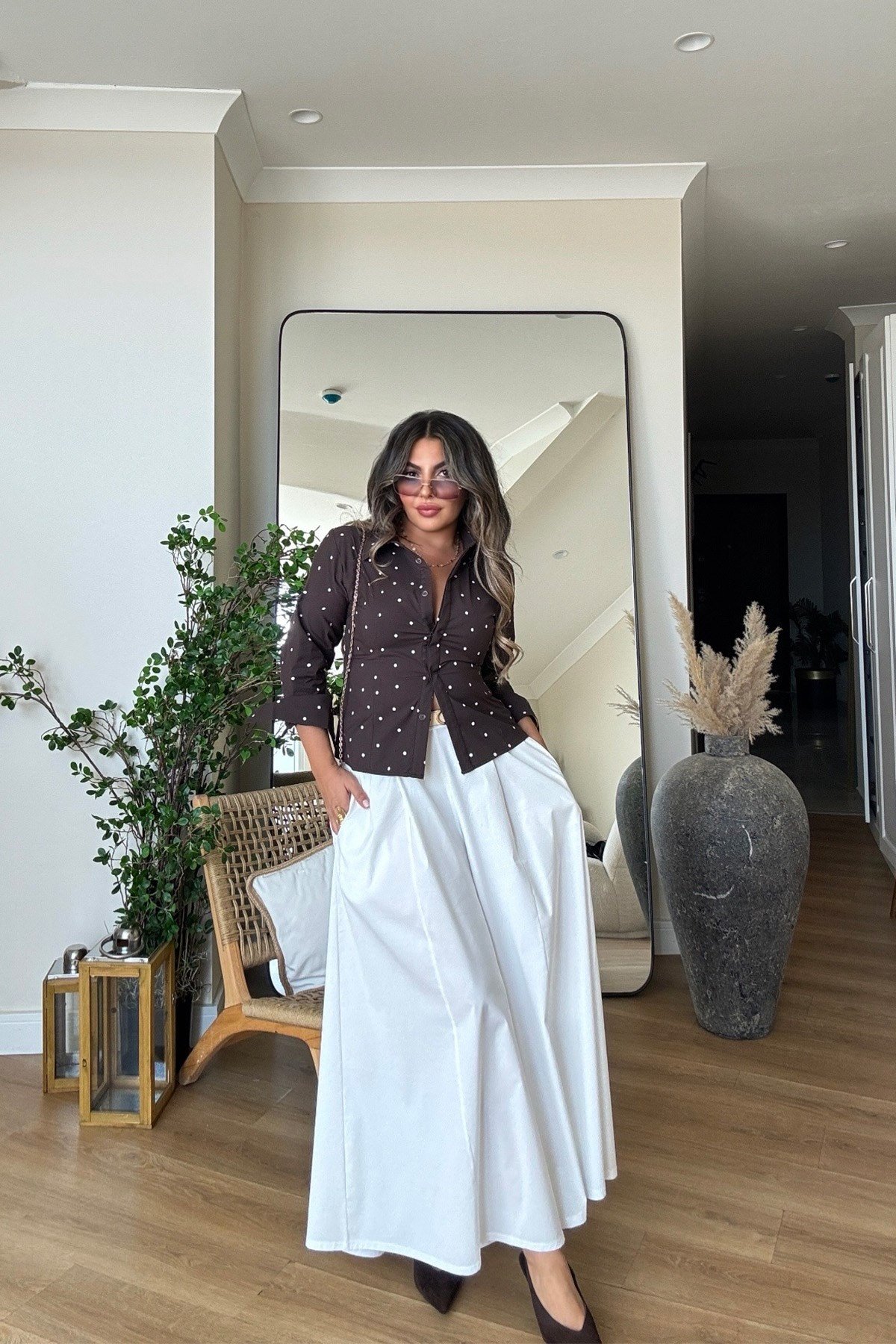 Puantiyeli Poplin Likralı Gömlek Kahve