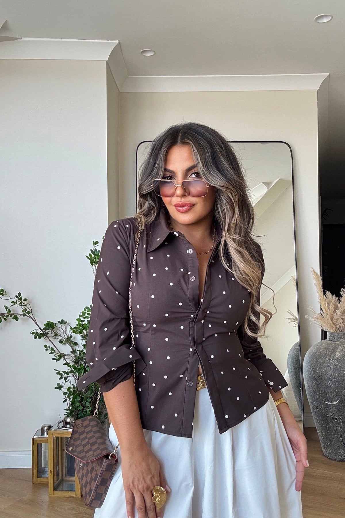 Puantiyeli Poplin Likralı Gömlek Kahve