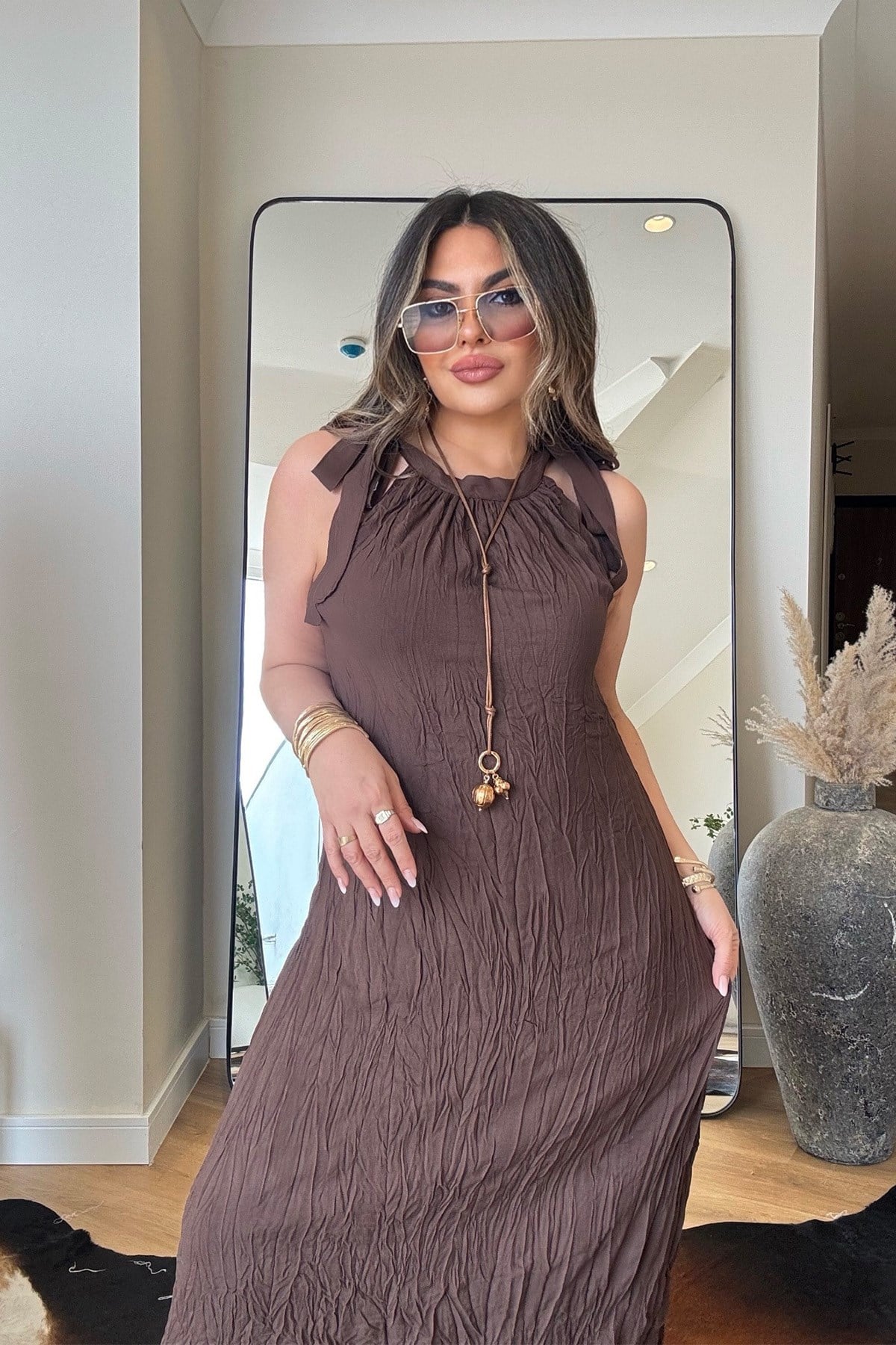 Reglan Yaka Bağcıklı Buruşuk Elbise Acı Kahve