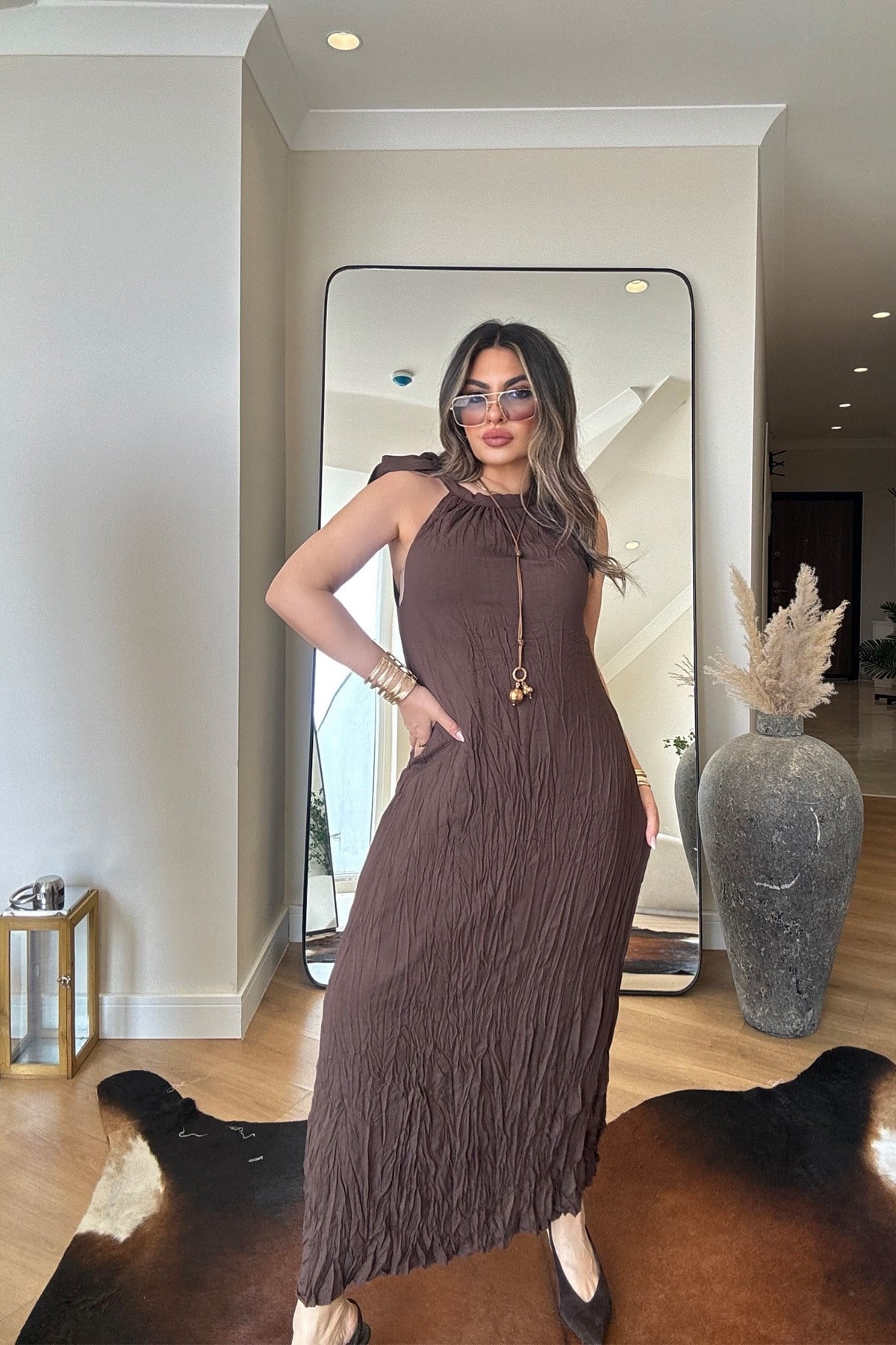 Reglan Yaka Bağcıklı Buruşuk Elbise Acı Kahve