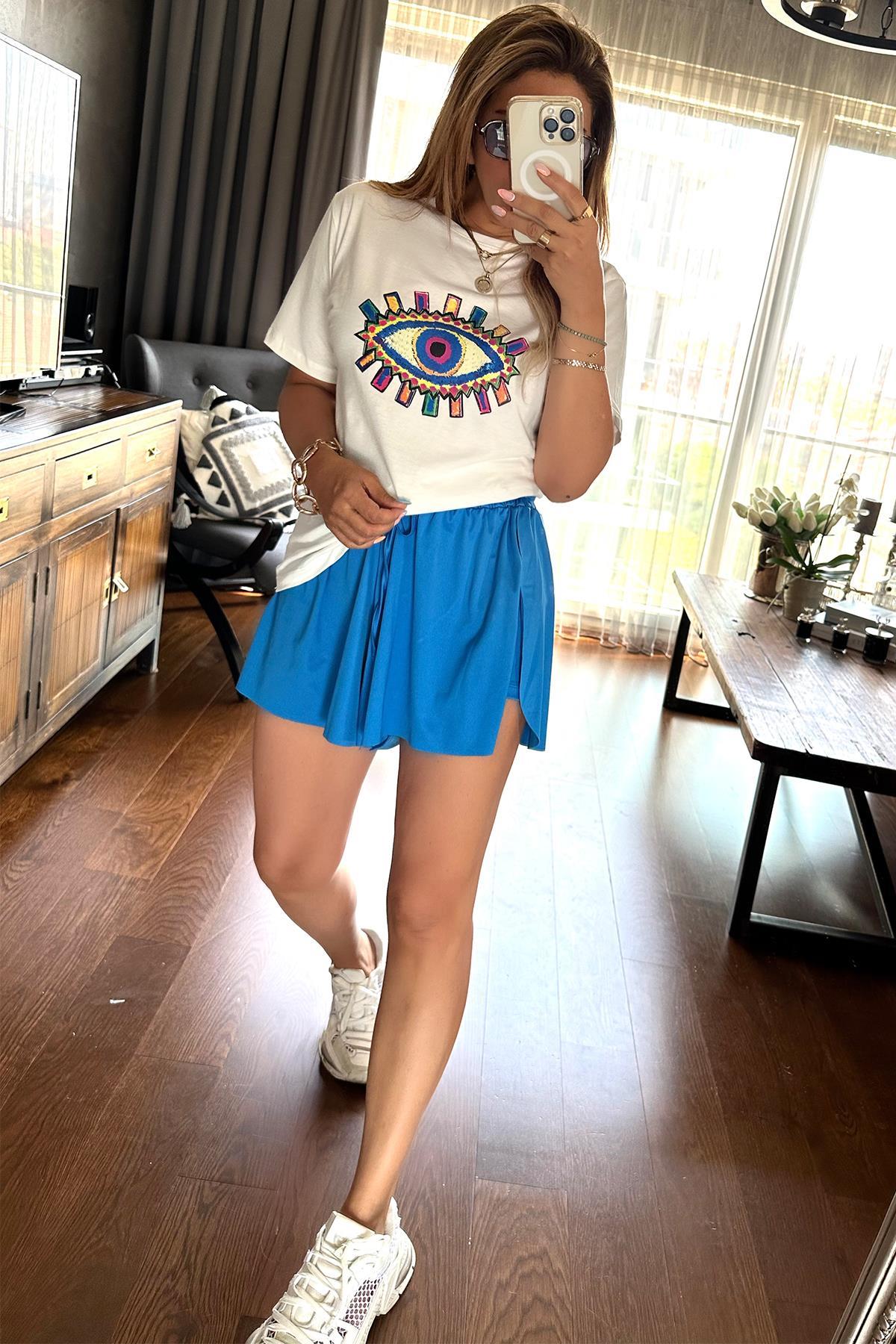 Renkli Göz Baskılı Tshirt Ekru