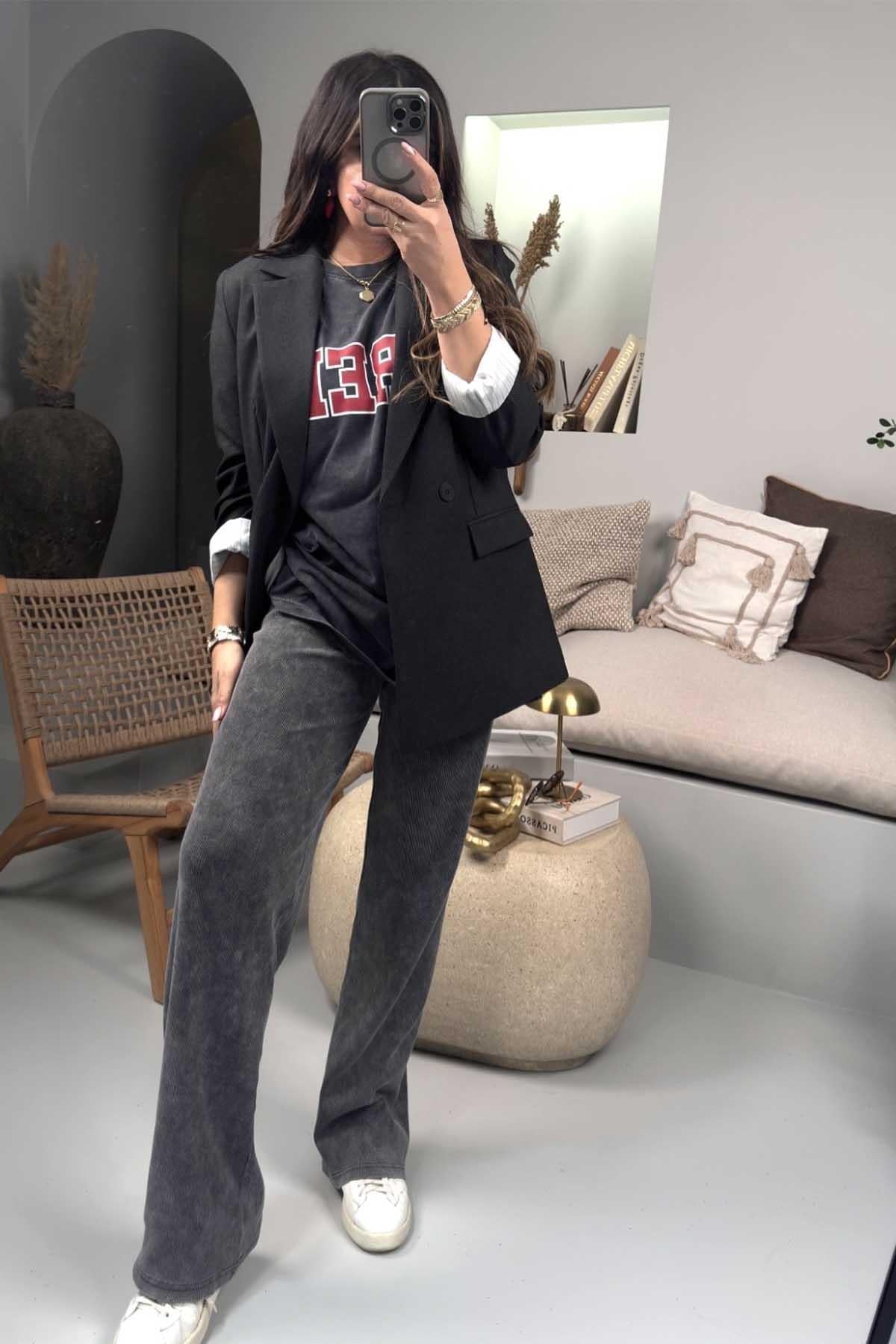 Ribanalı İspanyol Paça Pantolon Gri