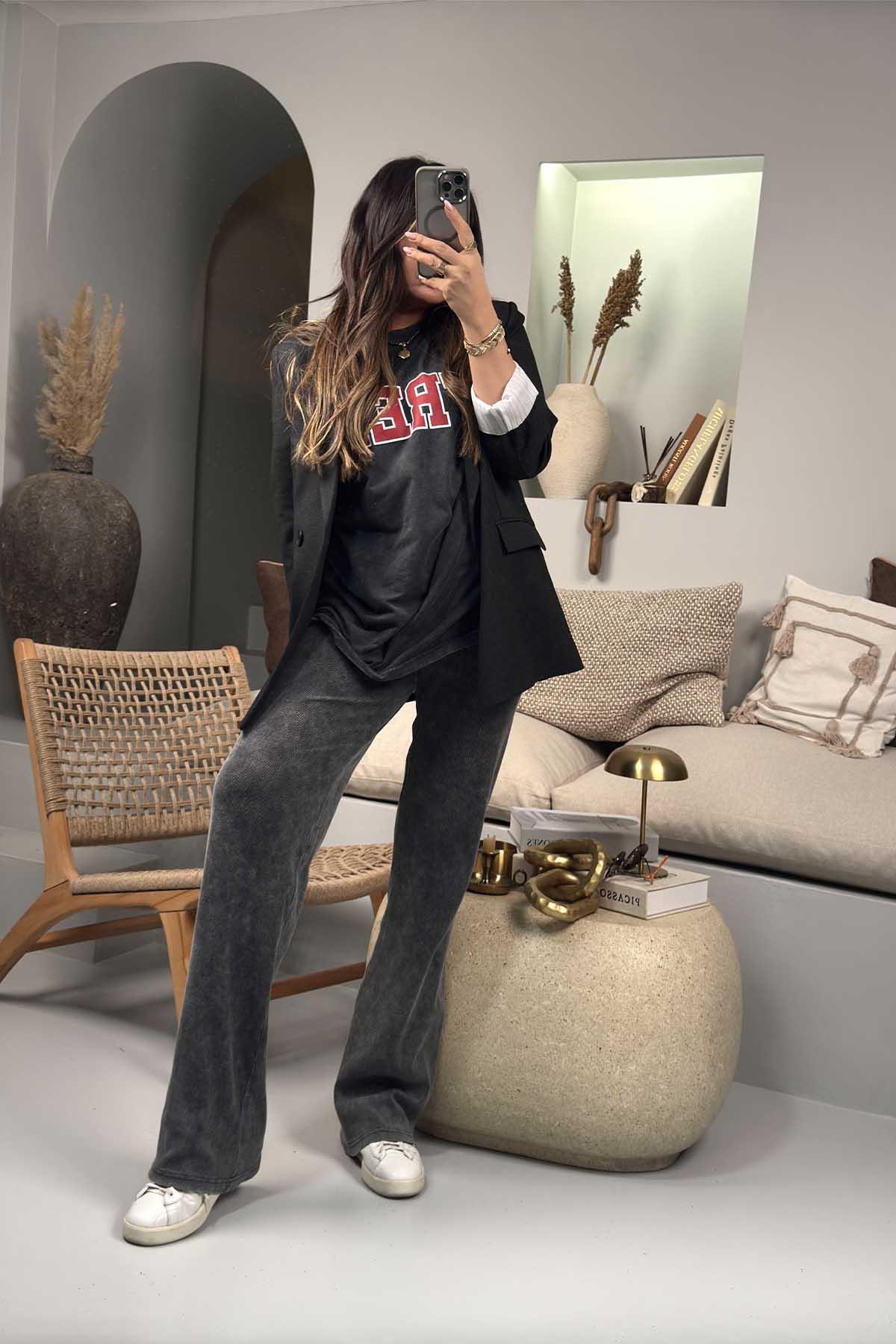 Ribanalı İspanyol Paça Pantolon Gri